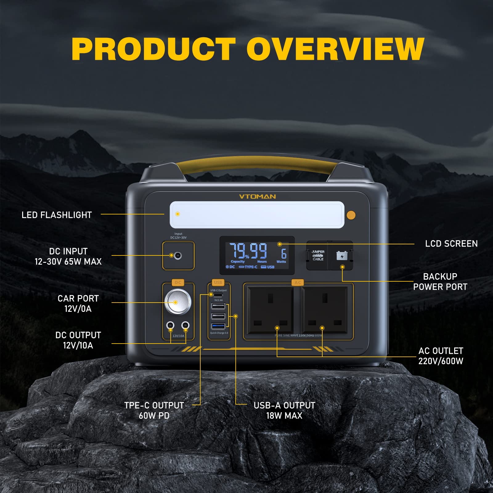 VTOMAN Jump 600X Portable Power Station 600W - 299Wh Solar Generator LiFePO4 Battery Power Station with 600W Pure Sine Wave (Surge 1200W) AC Outlet, PD 60W USB-C, 3x Regulated 12V/10A DC for Camping