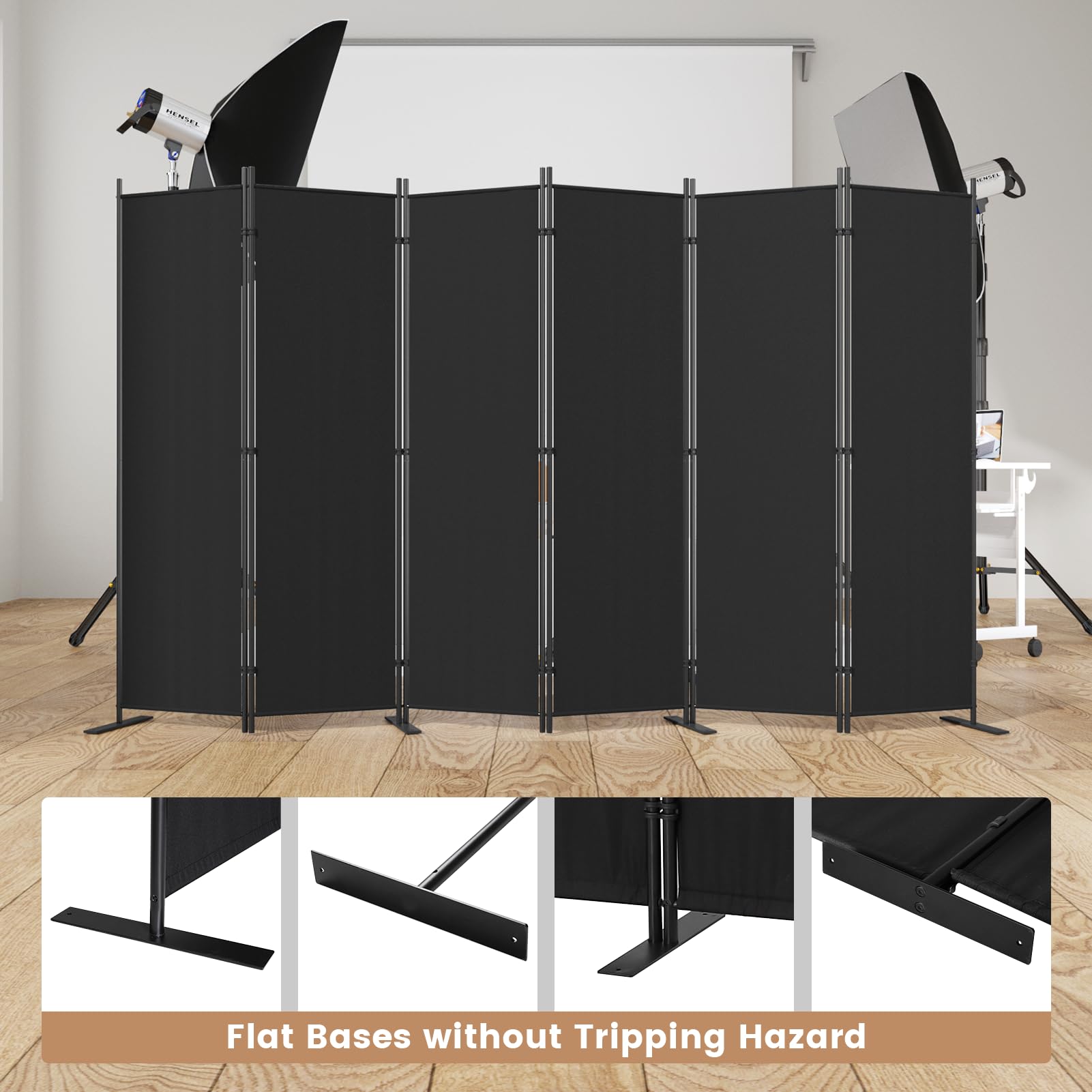 C-Hopetree 6 Panels Room Divider, 180cm Tall Indoor Folding Privacy Screen, Portable Partition Separator, Freestanding Separation Temporary Wall for Office, Bedroom, 304cm W X 180cm H, Black