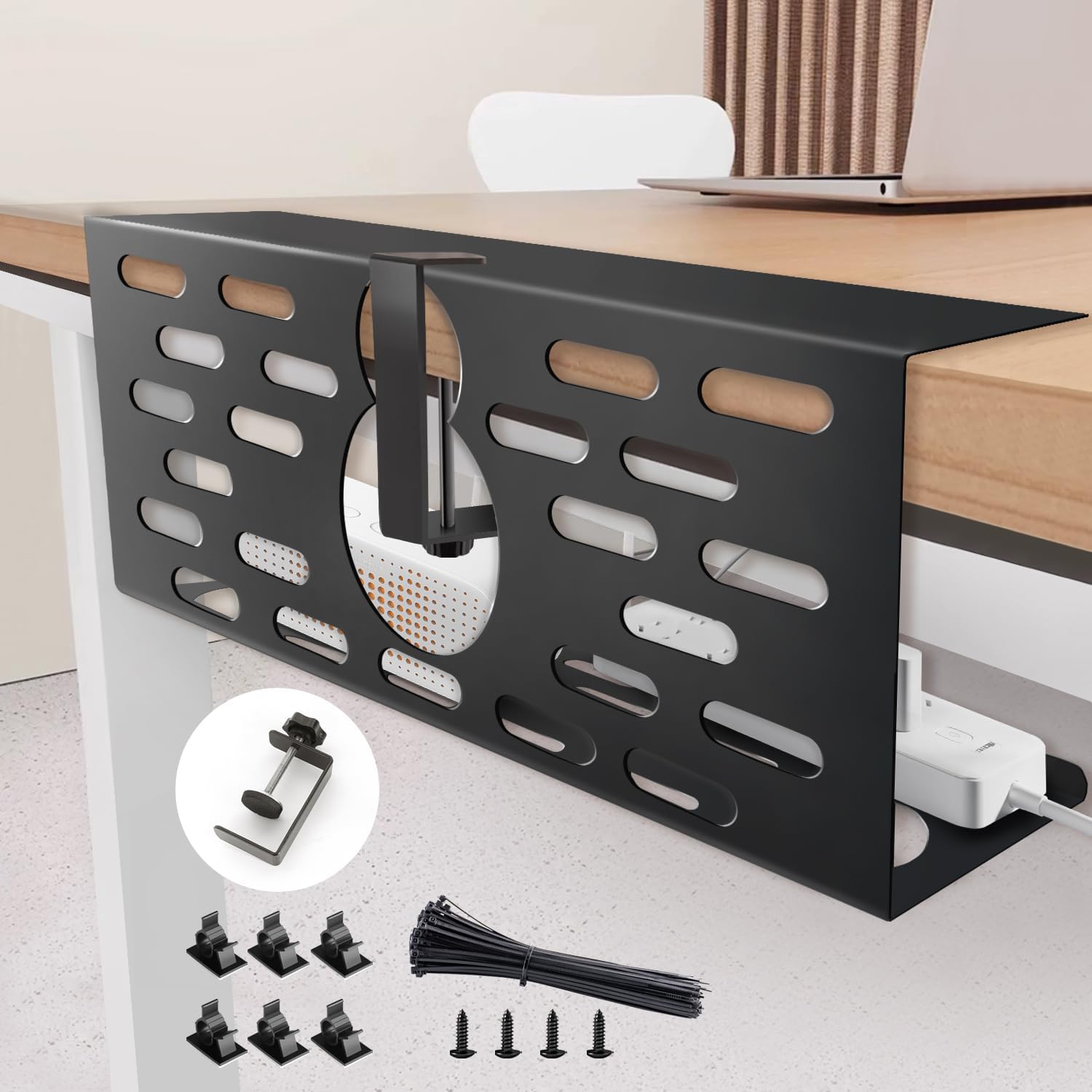 Viakty Under Desk Cable Management Organiser, 1 Pack, 35 x 13.4 x 12 cm, No Drill, Black