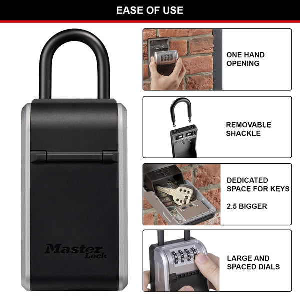 MASTER LOCK Key Safe Wall Mounted, Medium 85 x 119 x 36 mm, Outdoor, Mounting Kit, for Home Office Industries Vehicles, Black & Silver