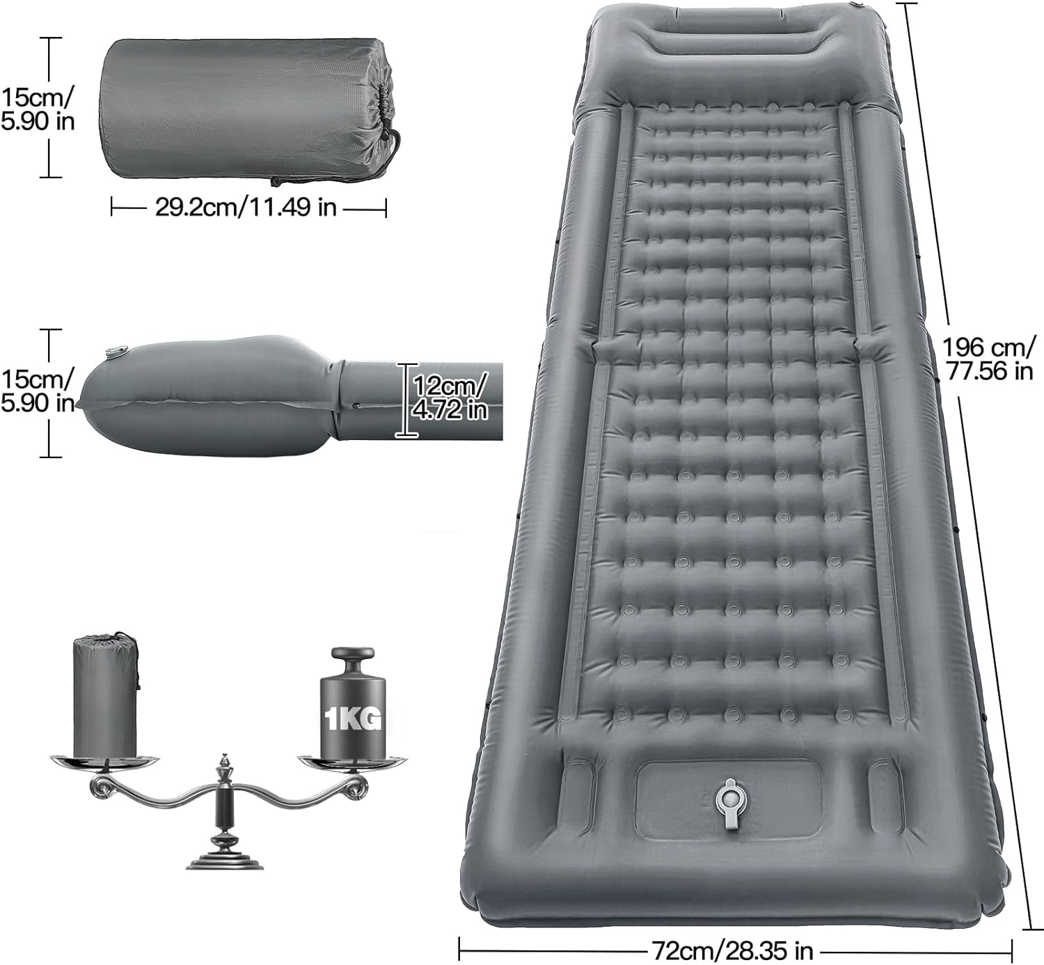 NHOWIN Self Inflating Camping Mat, 12CM Thicken Ultralight Sleeping Mat with Built-in Pump, Portable Camping Mattress Bed with Pillow, Waterproof Folding Sleeping Pad for Hiking, Backpacking