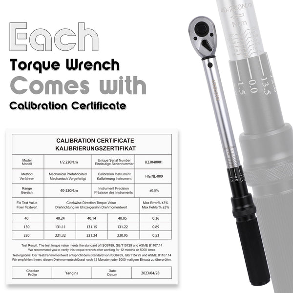 Torque Wrench Set 1/4 5-25Nm, 3/8 20-120Nm, 1/2 40-220Nm, 72 Tooth Dual-Direction Reversible Click Torque Wrenches for Bike Motorcycle, Car, Truck