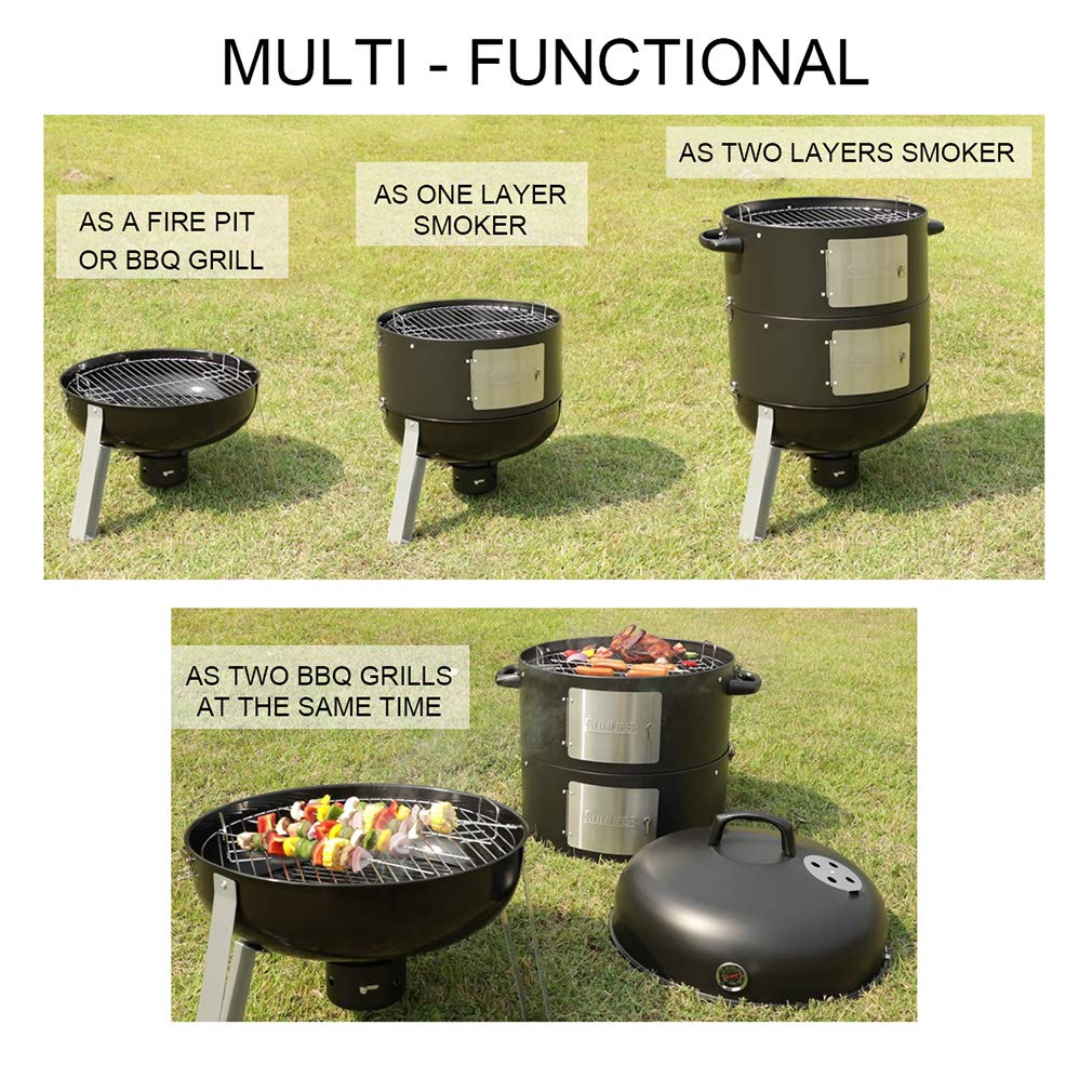 SUNLIFER Charcoal BBQ Grill, Heavy Duty 3-in-1 Barbecue Smoker Grill for Garden Camping Outdoor Cooking and Grilling 89x56x43CM