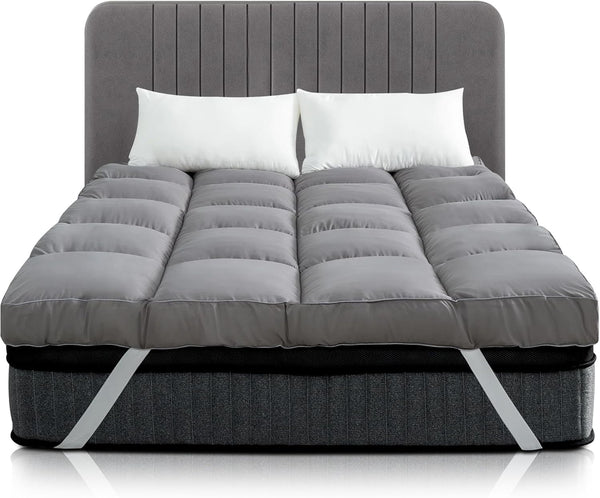 Mattress Topper Double Bed - 10CM Extra Thick Double Mattress Topper - 1000GSM Filling Fiber - Luxurious Comfort, Hypoallergenic, Elastic Straps Deep Pocket Thick