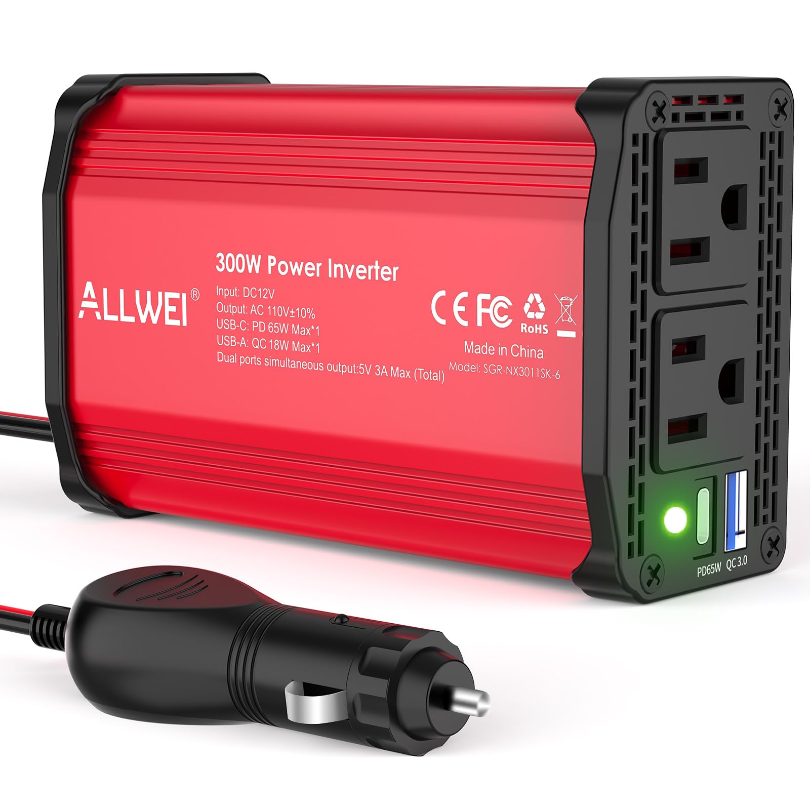 ALLWEI 300W Car Power Inverter with 27W USB-C and 3.0 USB Port - DC 12V to 240V / 230V AC Power inverters for Vehicles Converter Fast Charging Ports Car Charger Adapter (Red)