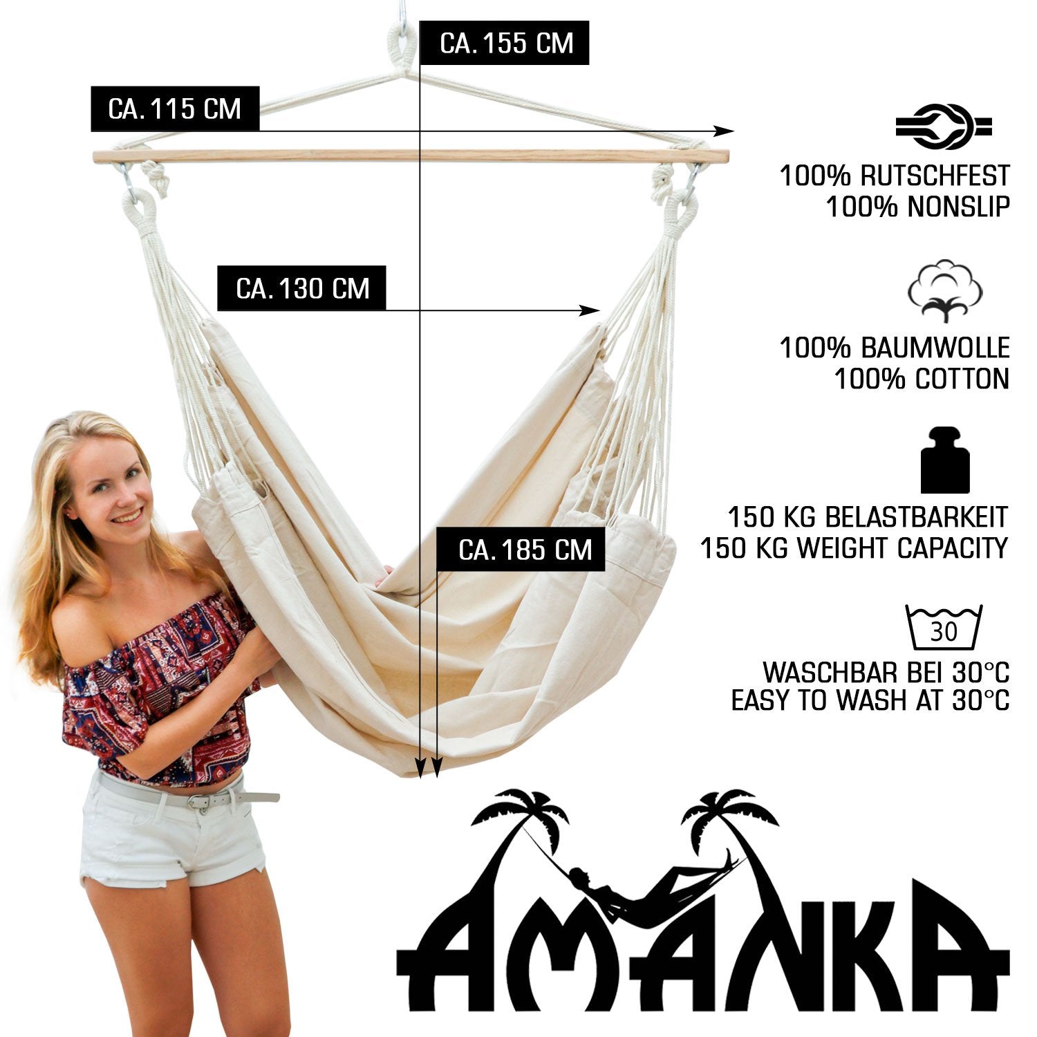 AMANKA Innovative XXL Swing Chair 185x130cm Hanging Seat made of cloth Beige