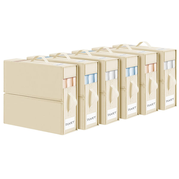 DIMJ Bed Sheet Organisers Storage 6 Pack - Foldable Sheets Organizer for Closet, Linen Bedding Storage Box with Handle and Tab Pocket for King & Queen