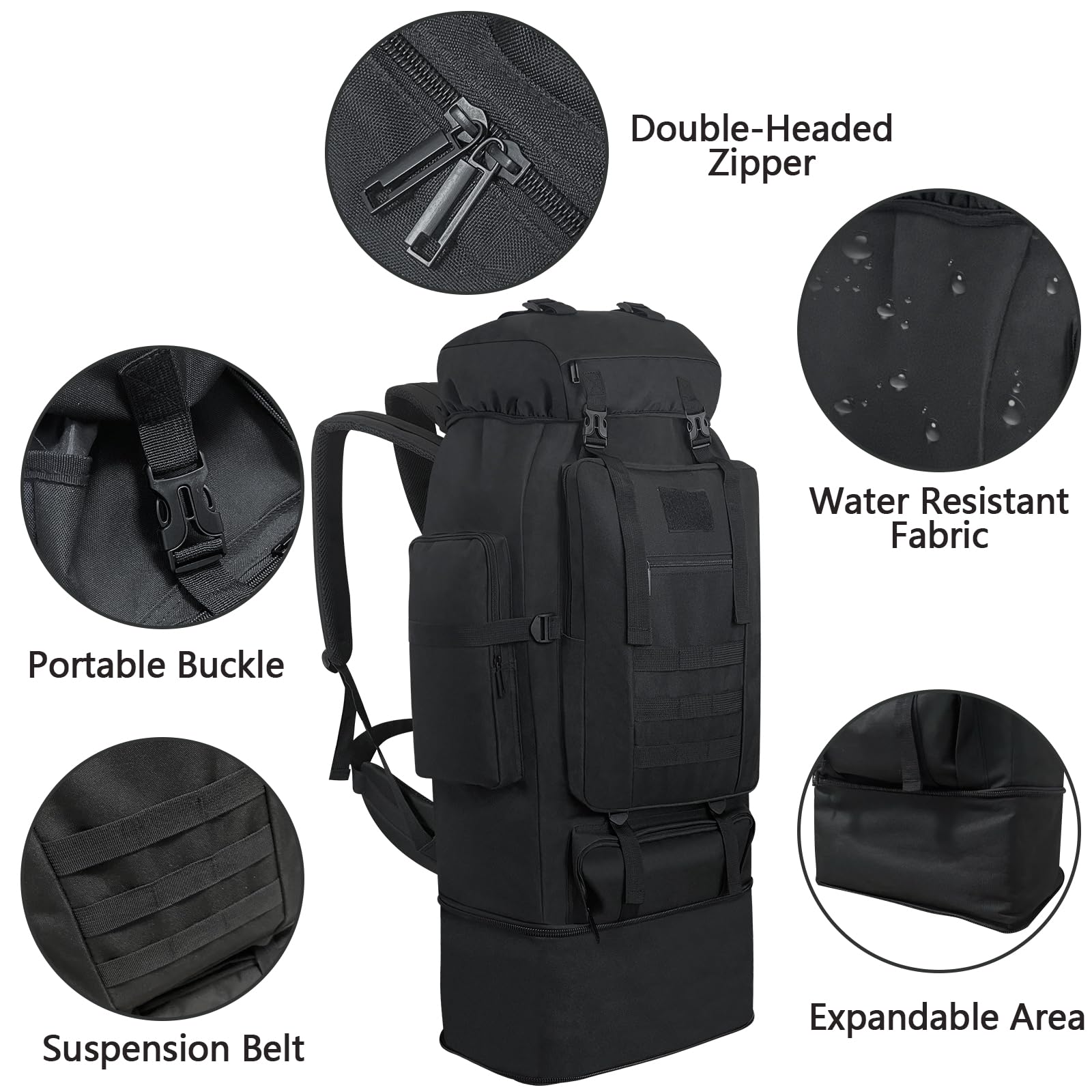 Ogetok 80L Hiking Backpack Camping Rucksack, 80 liters Large Capacity Outdoor Knapsack Travel Climbing Mountaineering Carry On Backpack Bag, Trekking Backpacking for Men Women, Black