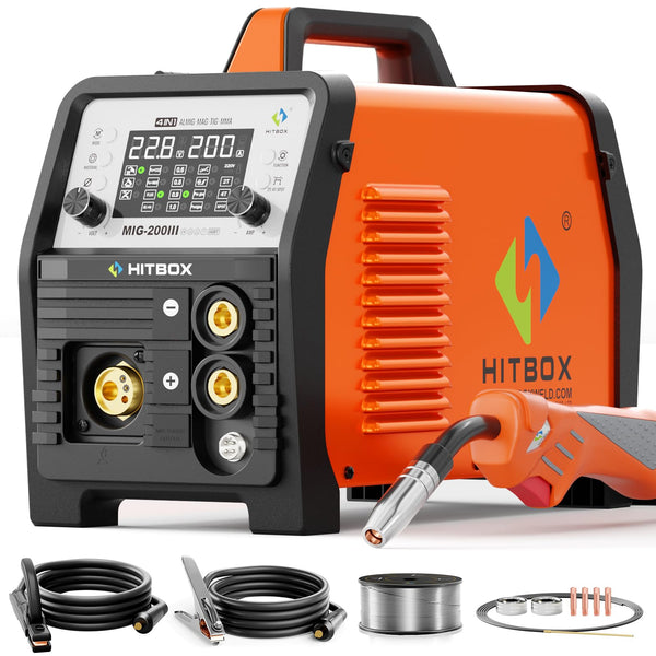 HITBOX MIG Welder 240V, 200Amp 7 in 1 Gas MIG/Gasless MIG/Stick/Lift TIG/Spot Welding/Spool Gun Aluminum Welder Machine, Multi Process Synergy Welding Machine with LED Display Pre/Post Gas(MIG200III)