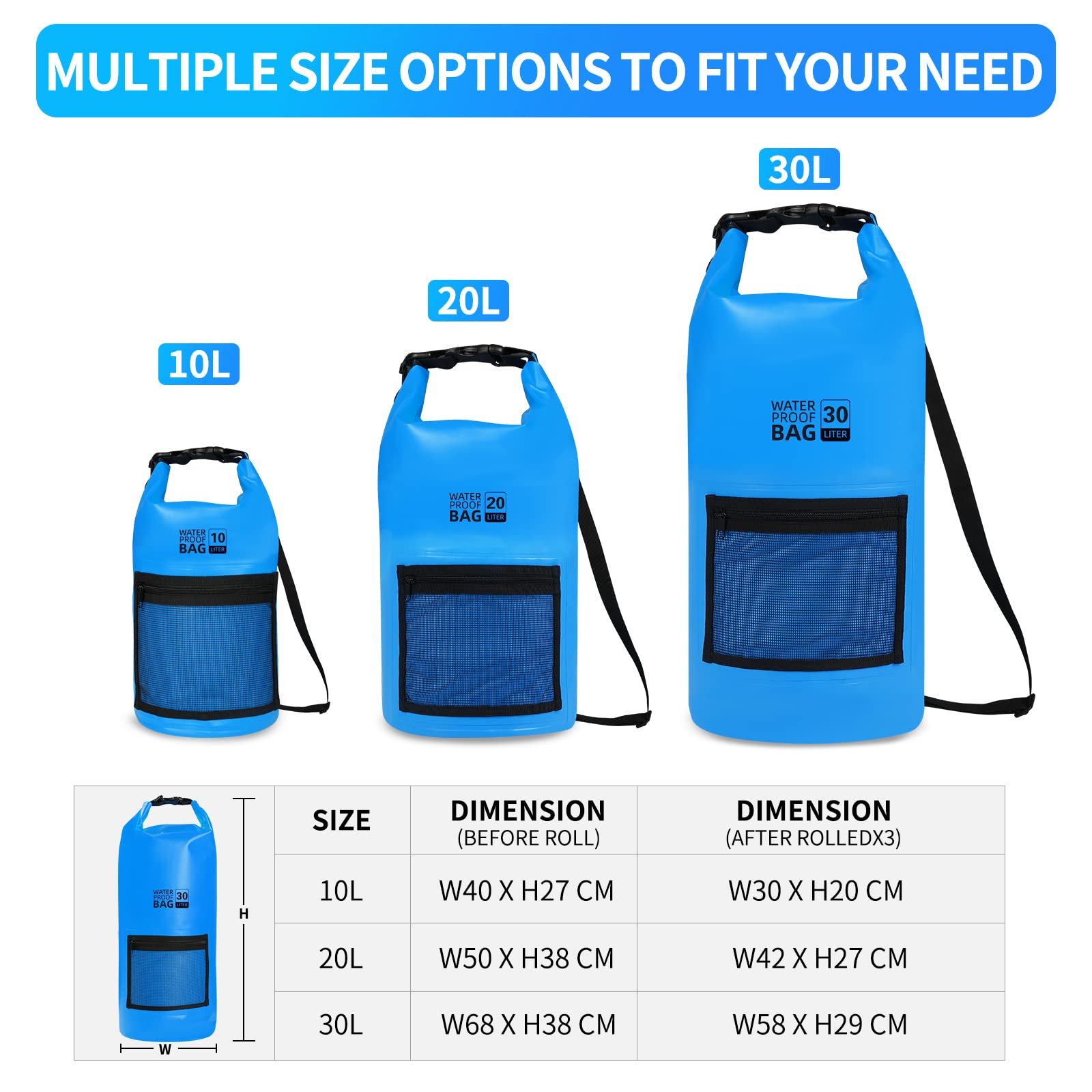 Bojury Waterproof Dry Bag Backpack 30L with Mesh Pocket Adjustable Strap - Roll Top Portable Dry Sack for Kayaking Boat Tour Canoe Swimming Snow Boarding-Blue Fishing Rafting