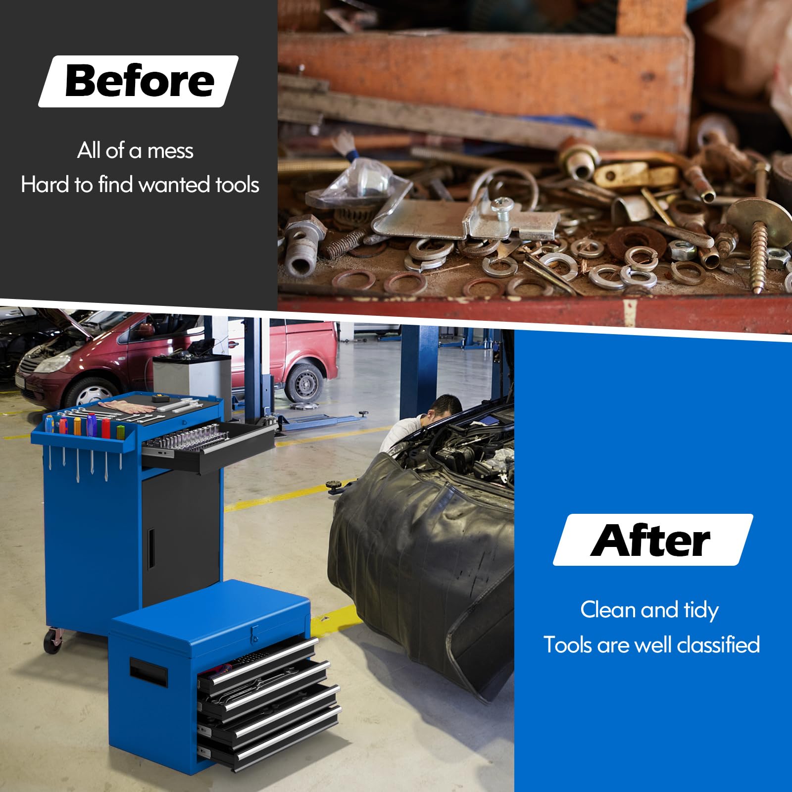 COSTWAY Large Rolling Tool Cabinet, 2-in-1 Detachable Metal Tool Chest with Drawers, Wheel, Handle, Hooks & Pegboard, Lockable Tool Box Trolley for Garage Workshop (with Middle Compartment, Black)