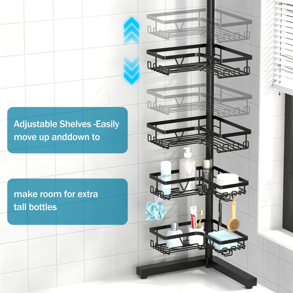 Kegii Telescopic Shower Caddy Corner - Stainless Steel Shower Shelf No Drilling Bathroom Caddy with Soap Holder and Hooks(White), On The Bath or Stand Up Shower