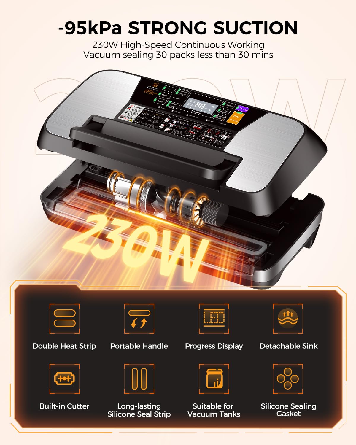 95 kPa Vacuum Sealer Machine, 230W Food Vacuum Sealer with Double Heat Seal 10-In-1 Multi Modes Vac Pack Machine Set with Cutter, 1 Bag Roll & 10 Precut Bags and Accessory Hose