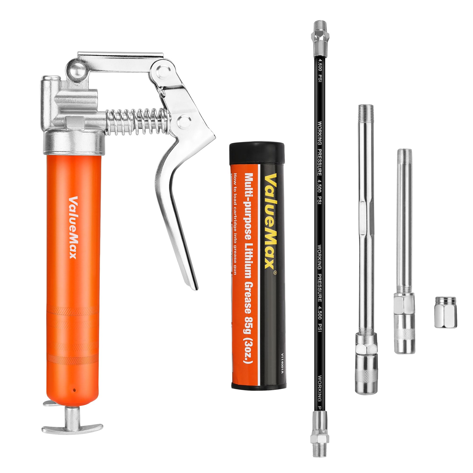 ValueMax Mini Grease Gun Kit, Pistol Grip 3500PSI Grease Gun with 85g Cartridge Grease, with Flexible Hose, Metal Pipes, Couplers and Nozzles