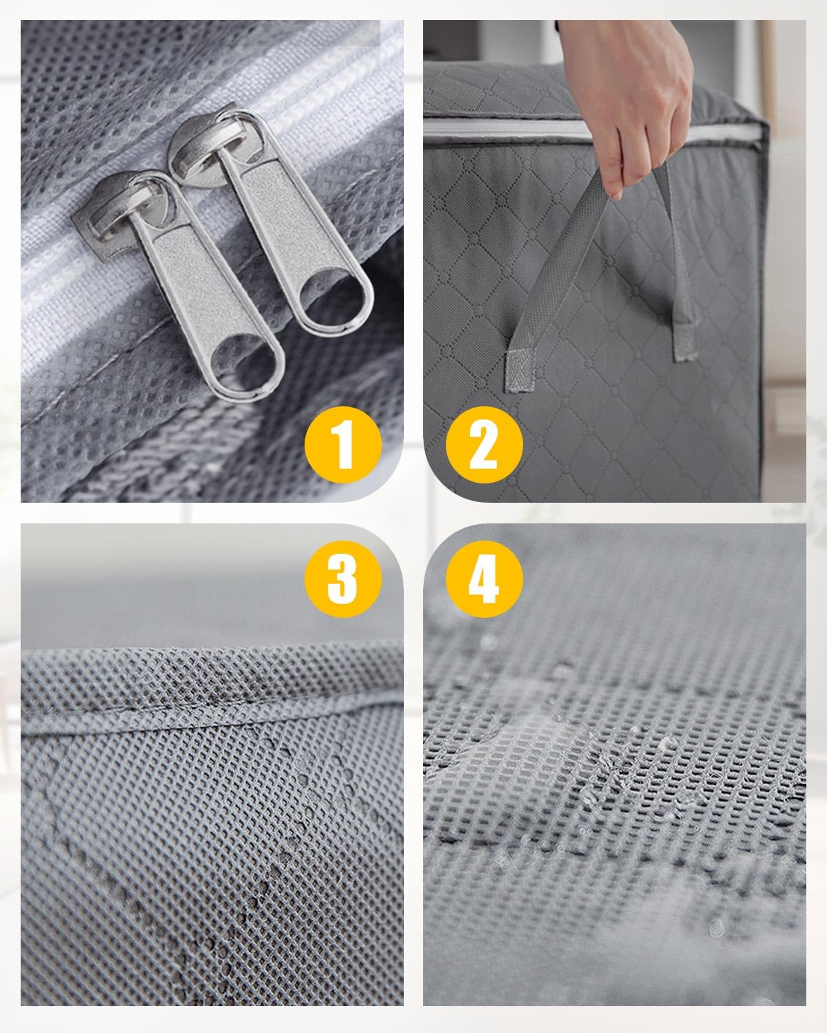 KALAHOL 90L Large Capacity Clothes Storage Bags with Zips, Storage Boxes with Lids, Reinforced Handle, Foldable, Thick Fabric, for Comforters, Clothes, Blankets, Bedding, 4 Pack, Dark Grey