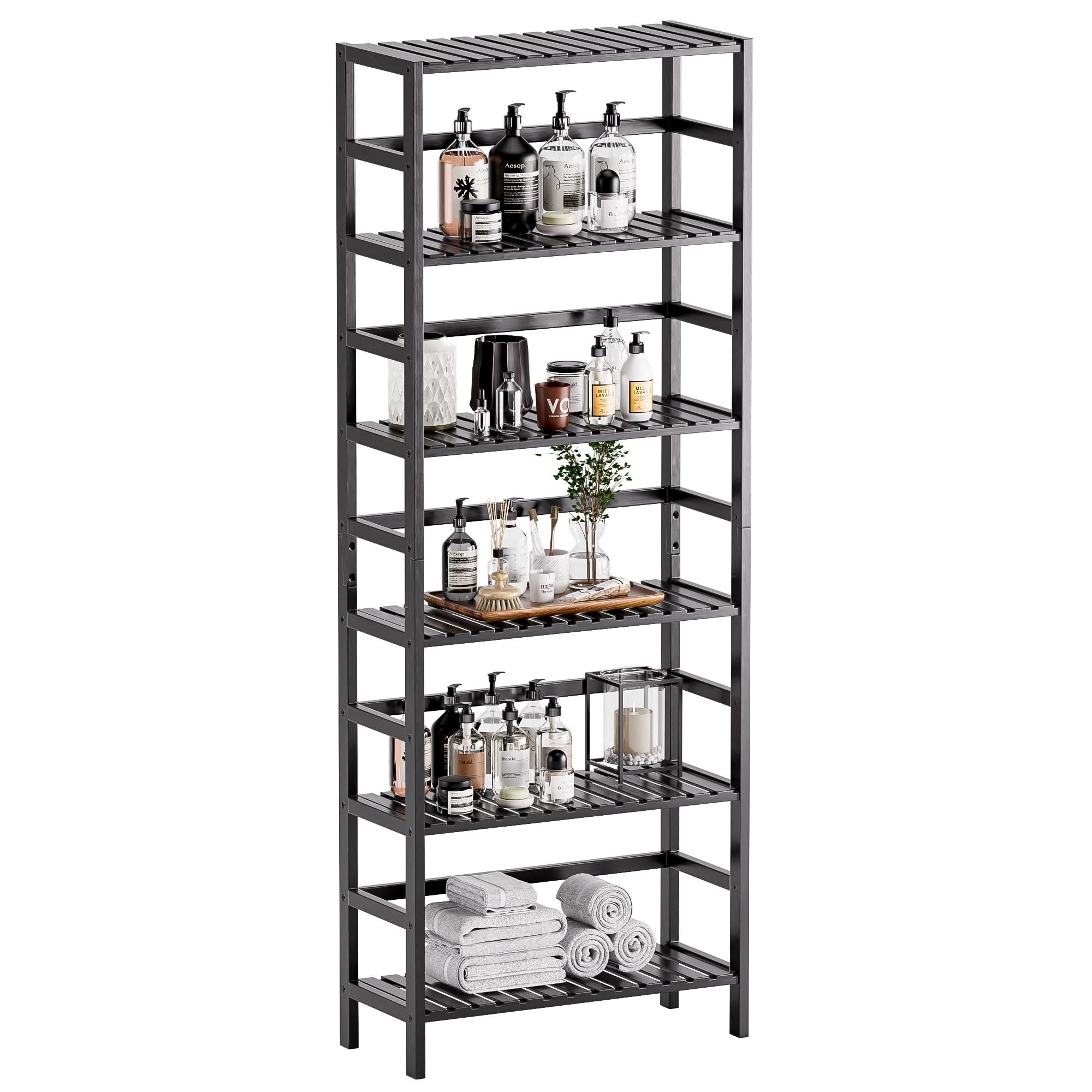 HITNET Bamboo Bookshelf, 6-Tier Tall Open Bookcase with Adjustable Shelves, Floor Standing Storage Shelf Unit for Living Room Bathroom Home Office,