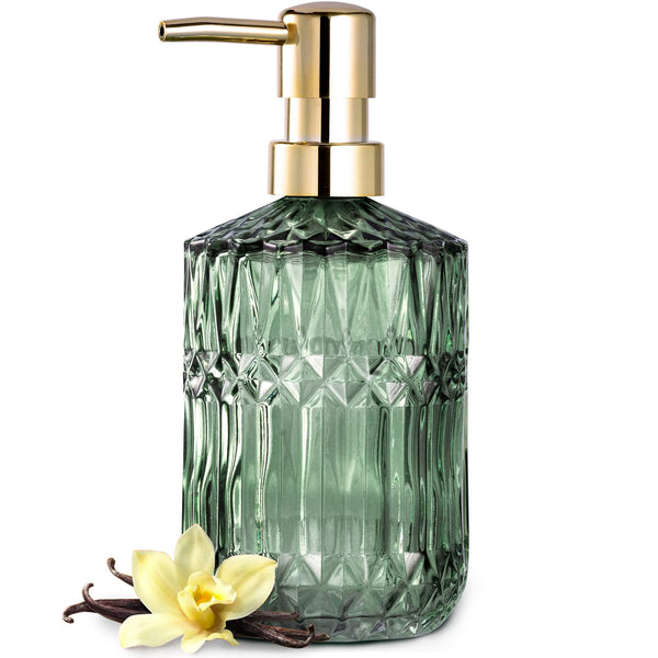 EMPO Clear Glass Soap Dispenser with ABS Plastic Pump, Crystal Lotion Dispensers for Kitchen Sink, Bathroom (Green B)