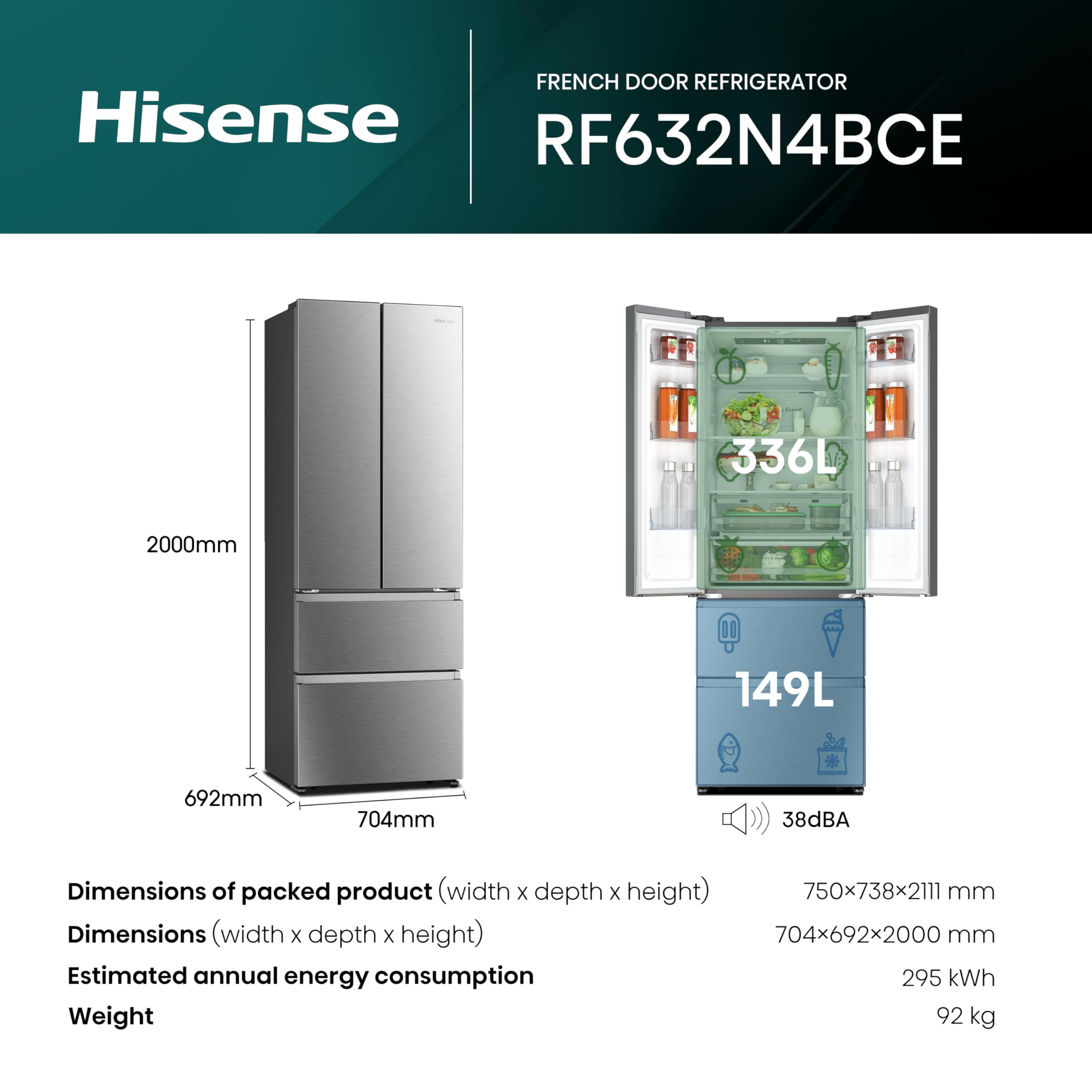 Hisense RF632N4WIE 70cm Freestanding French Door Fridge Freezer Metallic with Water Dispenser & Metal cooling 70 × 200 × 69.4 cm (W×H×D)