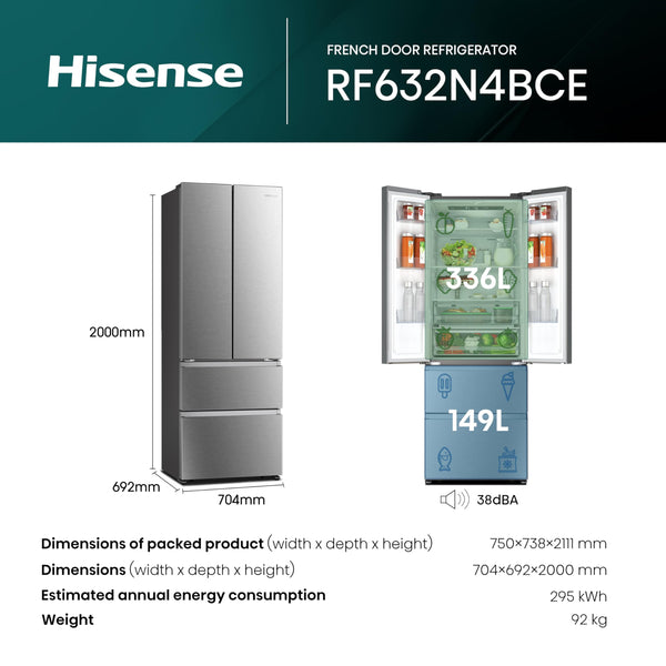 Hisense RF632N4WIE 70cm Freestanding French Door Fridge Freezer Metallic with Water Dispenser & Metal cooling 70 × 200 × 69.4 cm (W×H×D)