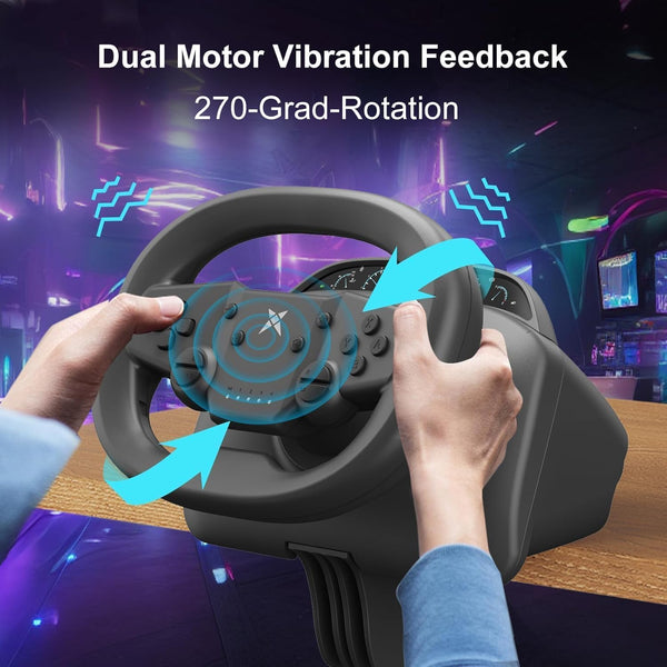 NBCP PS4 Steering Wheel and Pedals, Gaming Steering Wheel for PC, Nintendo Switch, PS4, PS3, IOS & Android Mobile Phones, Pro Racing Wheel with Dual-Vibration Motors, Wireless Bluetooth Connectivity