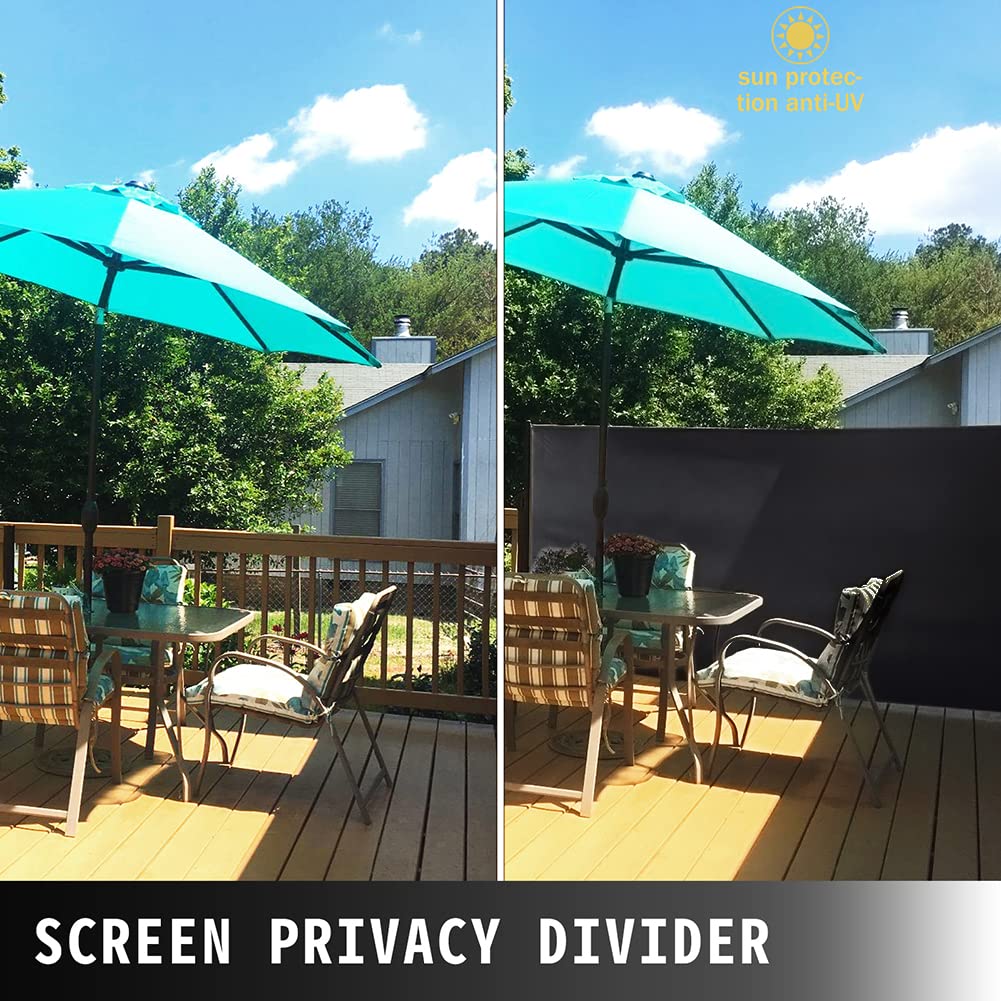 The Fellie Dark Grey Retractable Side Awning, Wind, UV Protection and Weatherproof PU Coating for Outdoor Privacy Screen for Garden, Balcony, Terrace, 140 x 300 cm