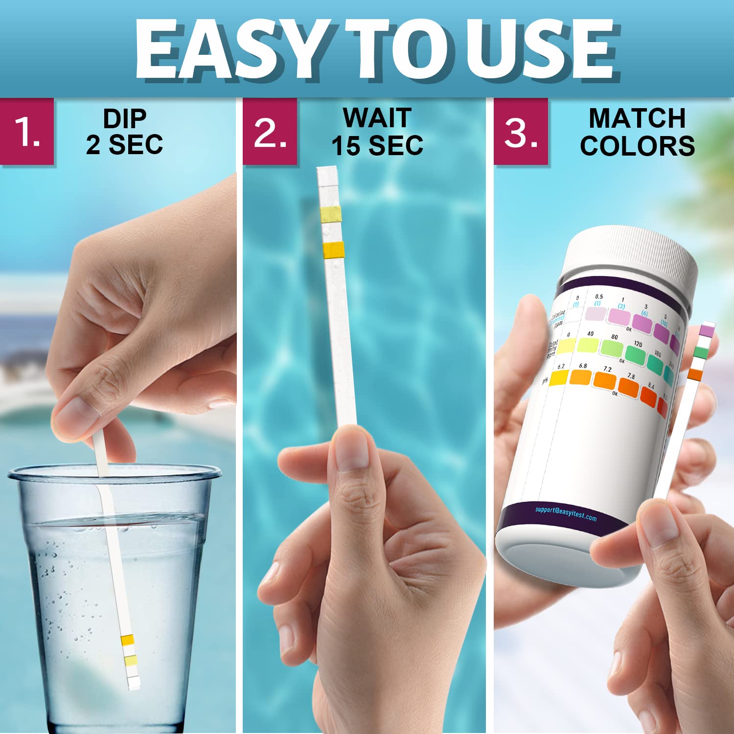 EASYTEST Hot Tub Test Strips, 150 Strips Pool and Spa Test for pH,Total Alkalinity,Free Chlorine and Bromine, Accurate 3 in 1 Pool Water Testing Kit