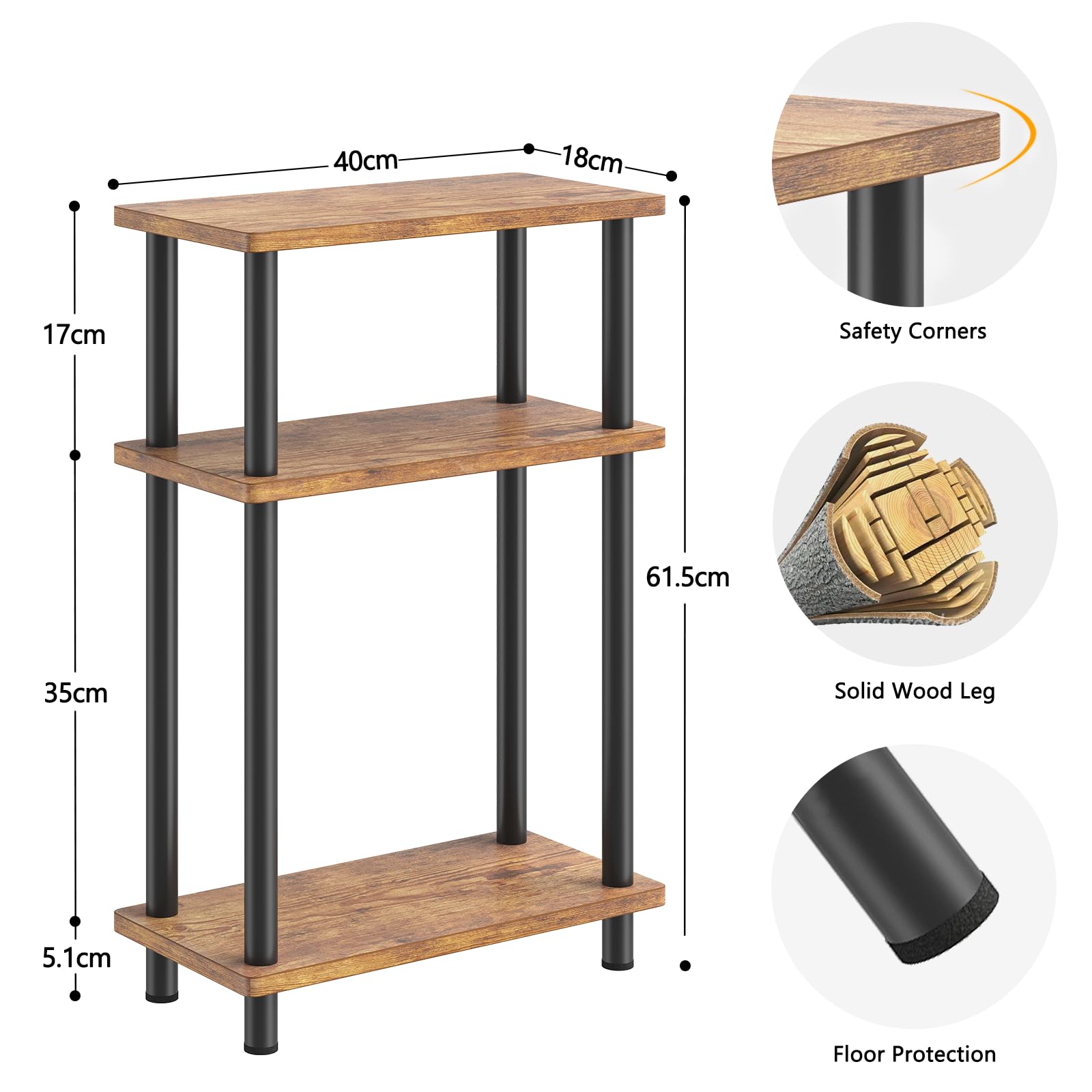 APICIZON Narrow Side Table, Slim Small Table, 3 Tier End Table Living Room, 40x18x61.5cm, Modern Thin Side Tables for Living Room, Bedroom, Sofa,