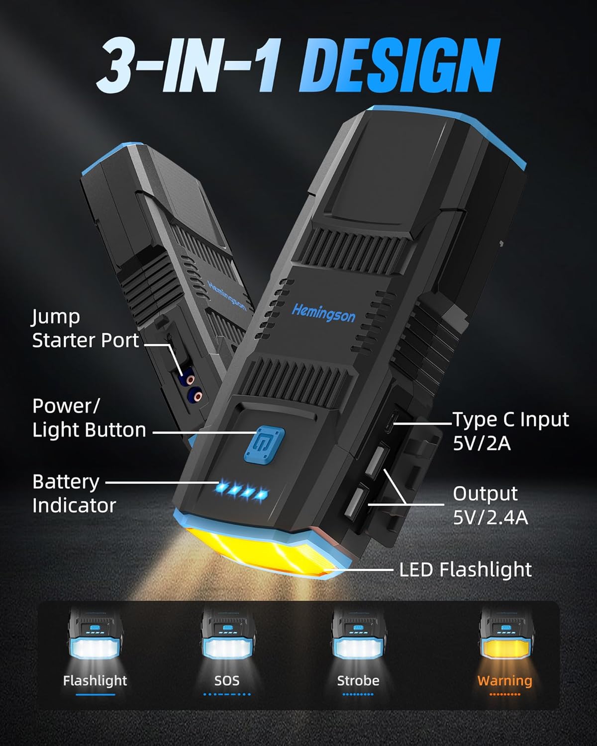 Jump Starter Portable Pack HEMINGSON 2000A Peak Battery Jump Starter Portable 12V Jump Box for Vehicles 7.0L Gas and 5.5L Diesel Engines with 4 Modes LED Lights and Jumper Cable