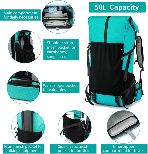 POWER KING 40L Expandable TO 50L Hiking Backpack,Upgraded X-PAC Scratch-proof Lightweight Large Rucksack for Mens Women, Outdoor Roll Top Camping Packsack, Fit for 15.6'' Laptop