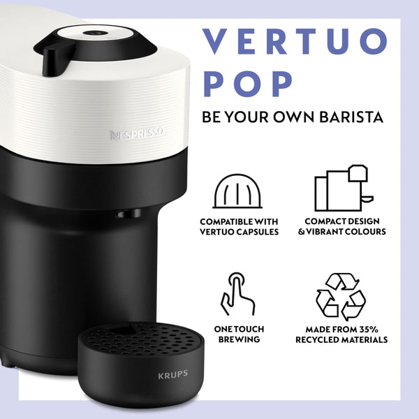 Nespresso Coffee Machine Barista Bundle includes Vertuo Pop White by Krups, Milk Frother, 2x Mugs, 2 x spoons, Melozio coffee pods & Chiaro coffee pods