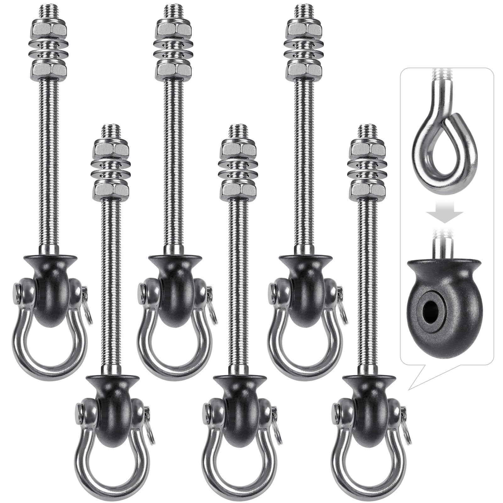 Dolibest 6pcs Swing Hanger, Heavy Duty Hammock Hook M8 Hanging Chair Screw Eye Bolt 195mm Swivel Ceiling Beam Mounting Bracket for Yoga Rope/Aerial