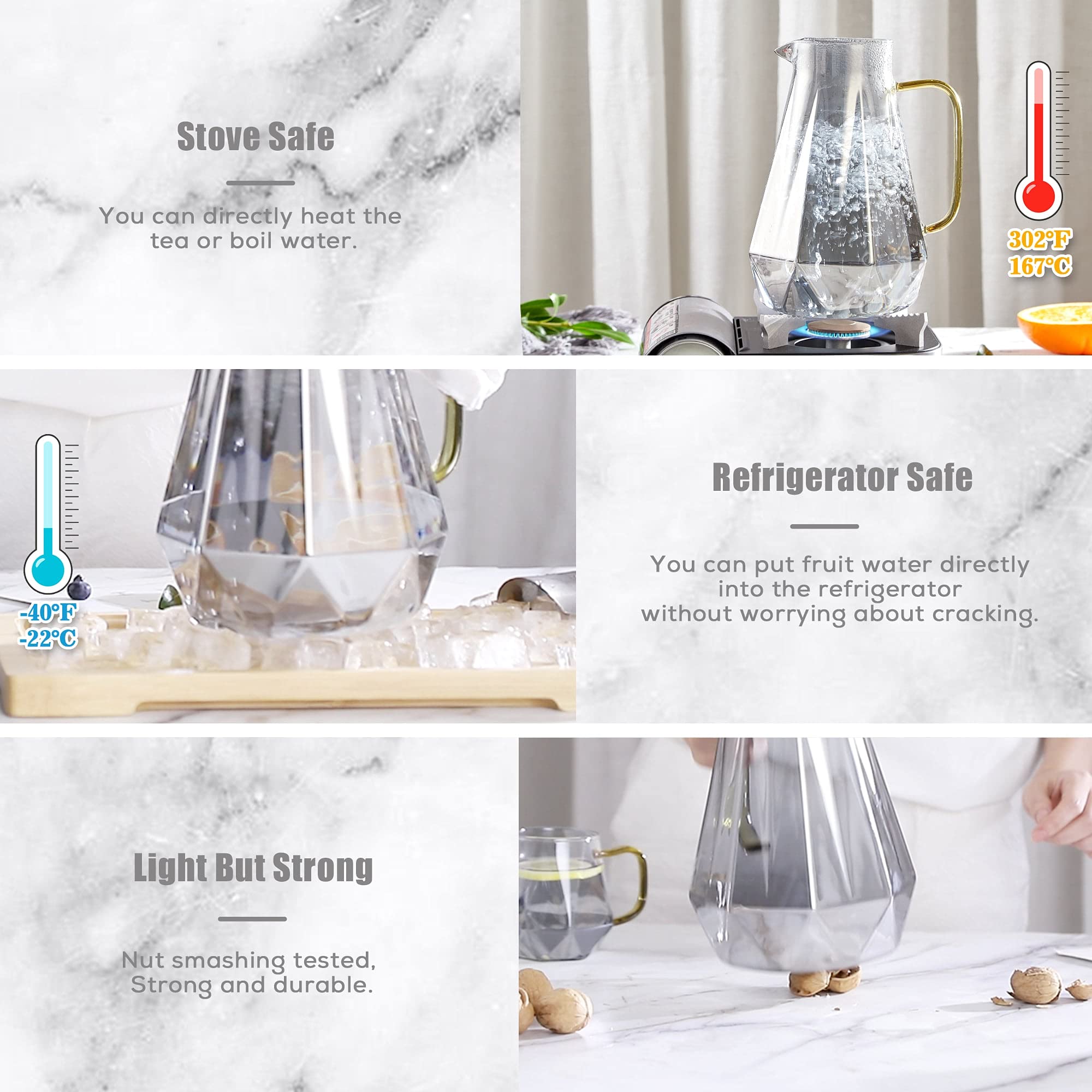 DUJUST Black Diamond Glass Pitcher with 4 Cups, 1 Tray, Elegant Design Water Pitcher with Handle, Decoration for Room, High Durability Water Glass