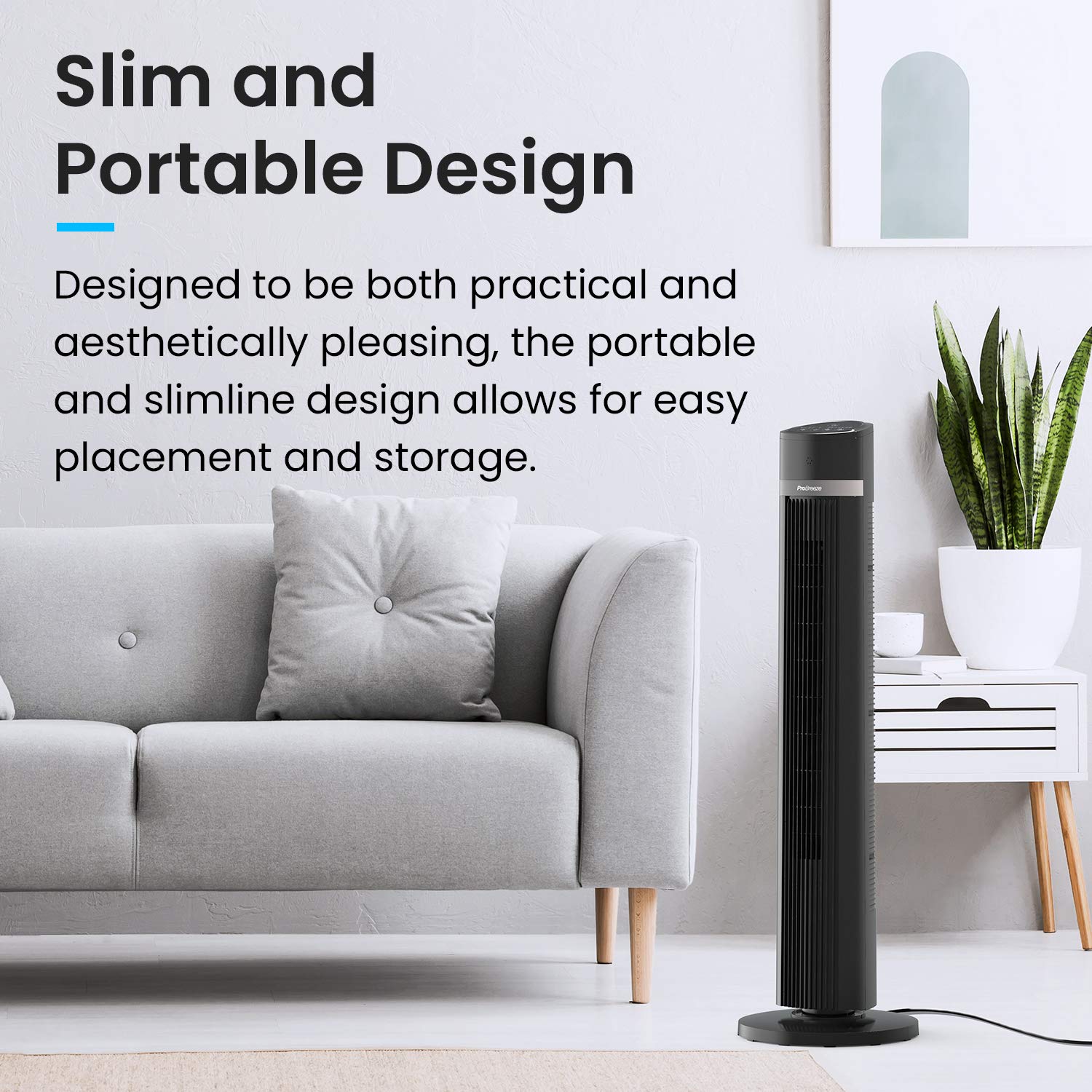 Pro Breeze Bladeless Tower Fan Quiet & Portable with Remote Control, 90° Oscillation, 15h Timer, 4 Modes, 3 Speeds - Powerful Electric 45W Motor Standing Air Circulator for Bedroom & Office