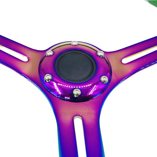 350mm Green Racing Steering Wheel Neo Chrome Spoke Universal 6 Bolts 45mm Deep Dish Classic ABS Wood Steering Wheel with Horn Button