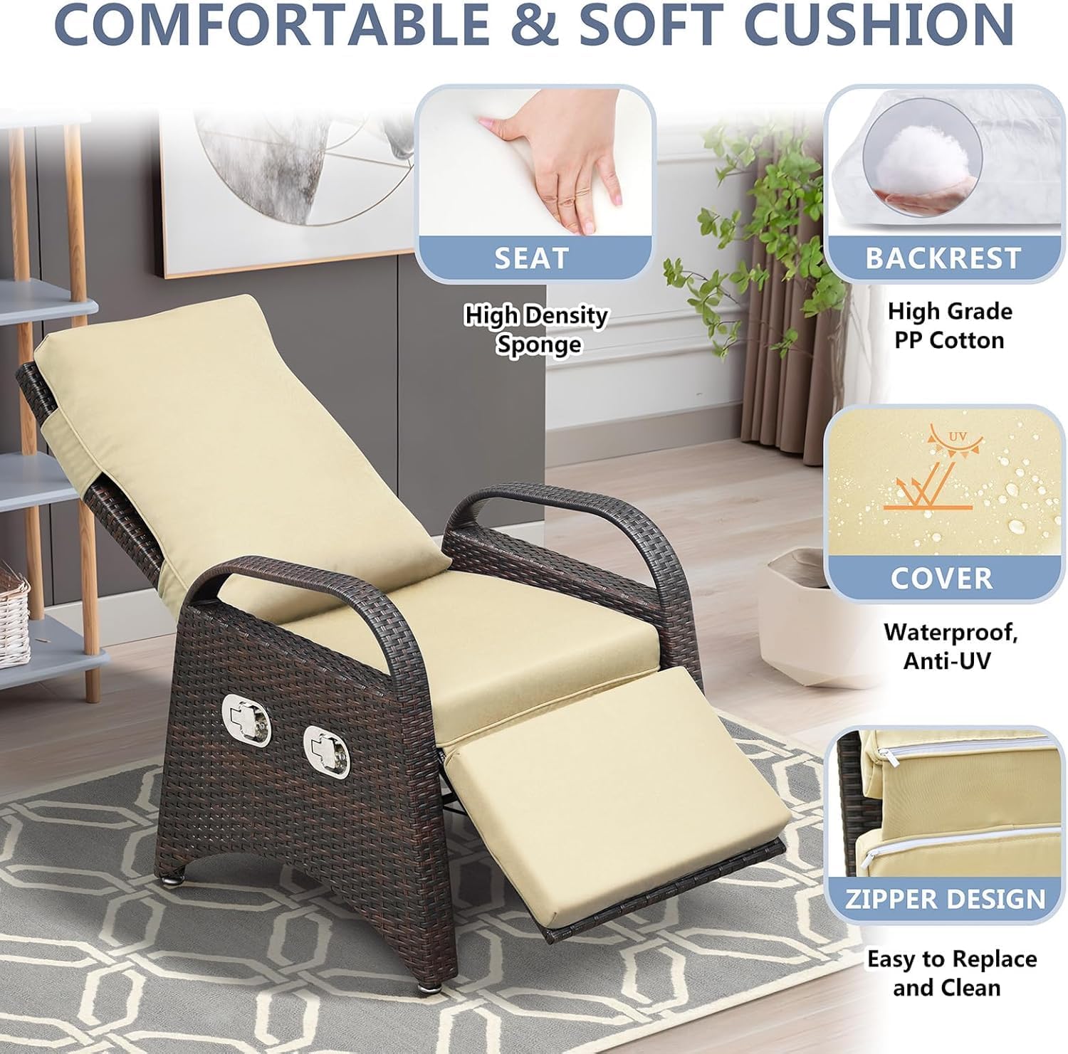 ATR ART TO REAL Rattan Garden Recliner Chairs,Sun Loungers for Outdoor Patio Furniture,2 Buckles Adjustable Backrest & Footrest Separately,All Weather Use Hand-woven Reclining Garden Chair,Khaki