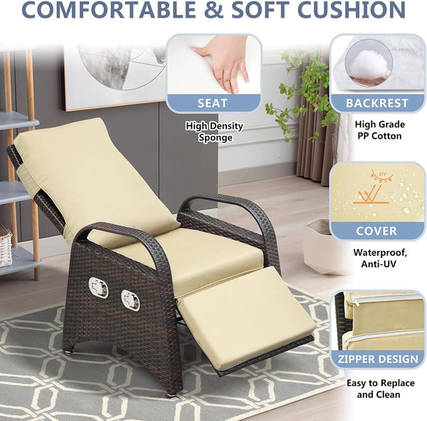 ATR ART TO REAL Rattan Garden Recliner Chairs,Sun Loungers for Outdoor Patio Furniture,2 Buckles Adjustable Backrest & Footrest Separately,All Weather Use Hand-woven Reclining Garden Chair,Khaki