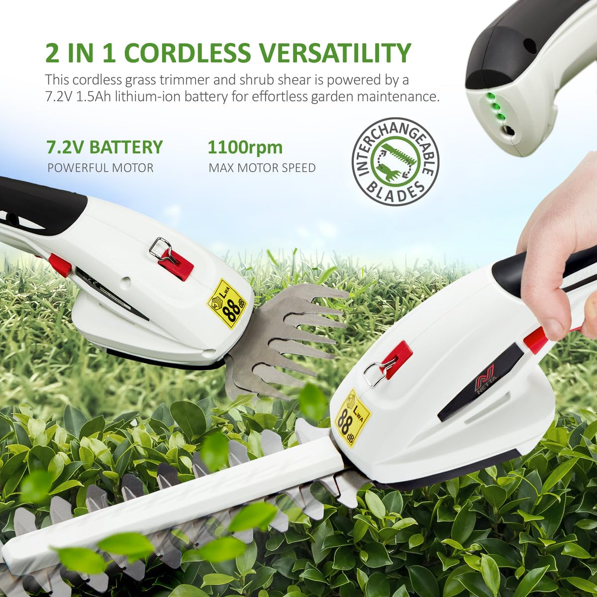 NETTA 2in1 Grass Shear & Hedge Trimmer with 7.2V Rechargeable 1500mAh Lithium-Ion Battery, Edging and Shrub Shear, 2 Interchangeable Blades, Lightweight, Garden Cutting Edge Trimmer, Pruner - Handheld