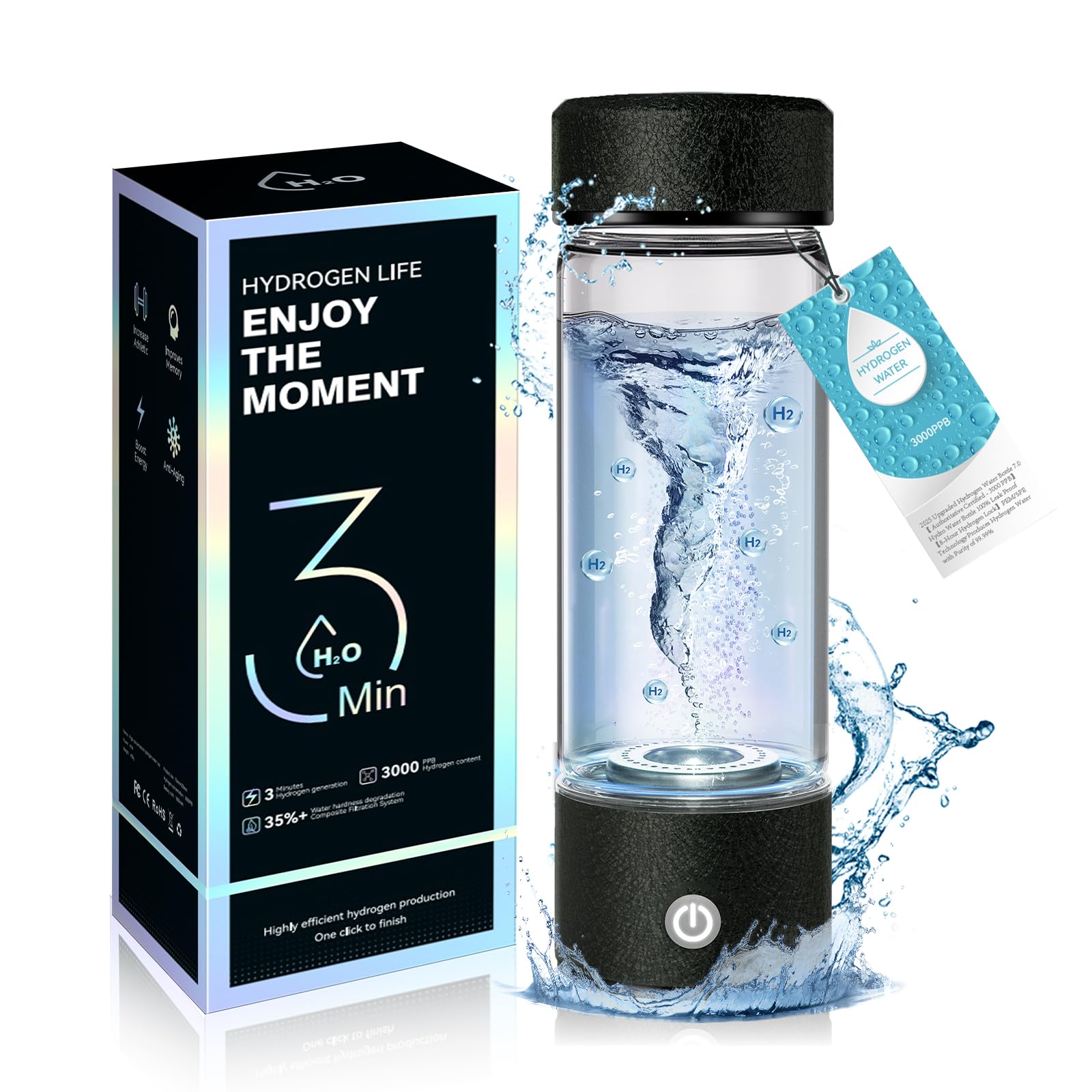 2025 Upgraded Hydrogen Water Bottle 8.0【 Authoritative Certified - 3000 PPB】Hydro Water Bottle 100% Leak Proof【8-Hour Hydrogen Lock】PEM/SPE Technology Produces Hydrogen Water with Purity of 99.99%