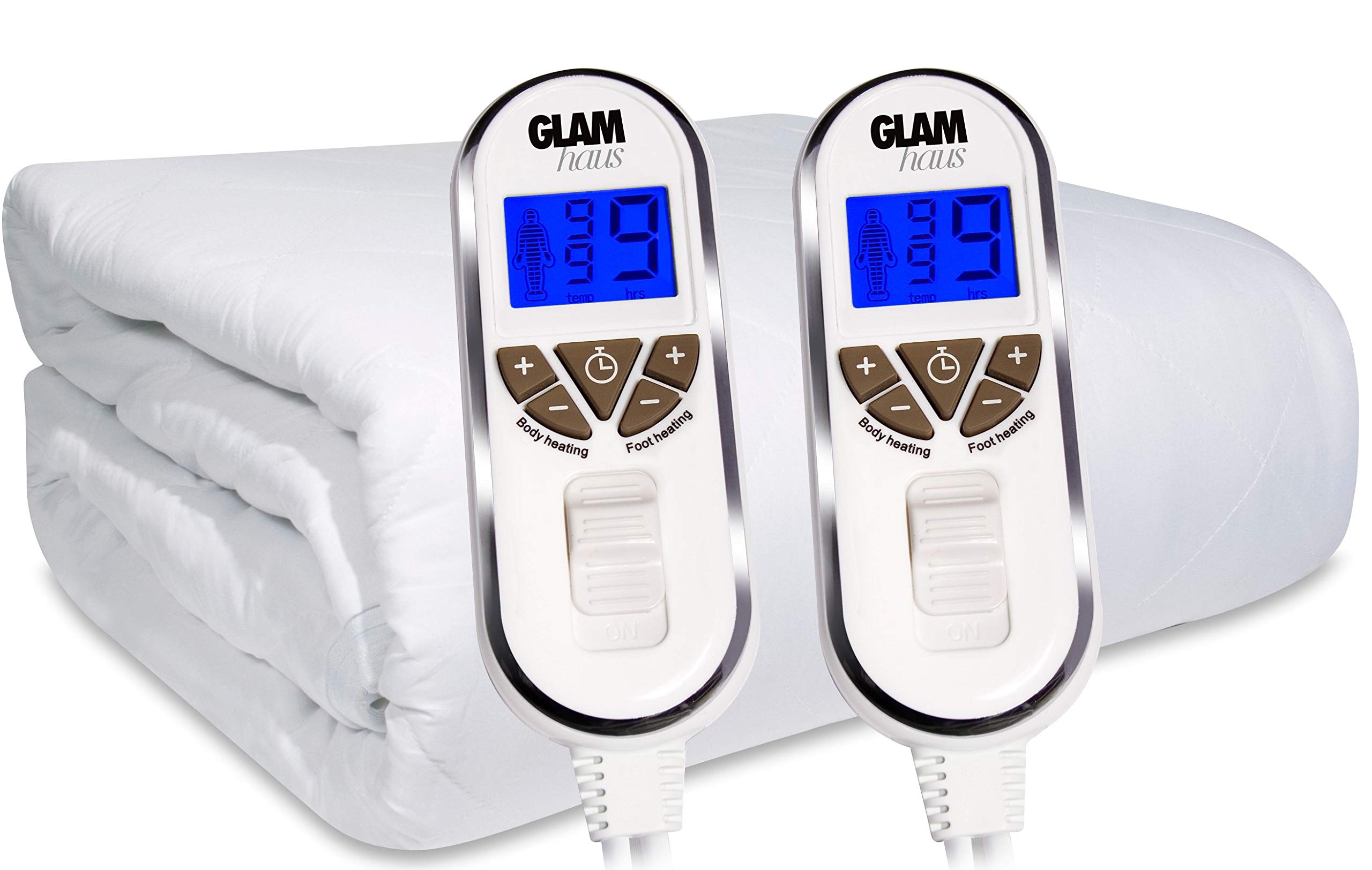 GlamHaus Super King Size Electric Blanket Dual Control - Fitted Mattress Fitted Bed Under Cover With Elasticated Skirt - Premium White Diamond Quilted