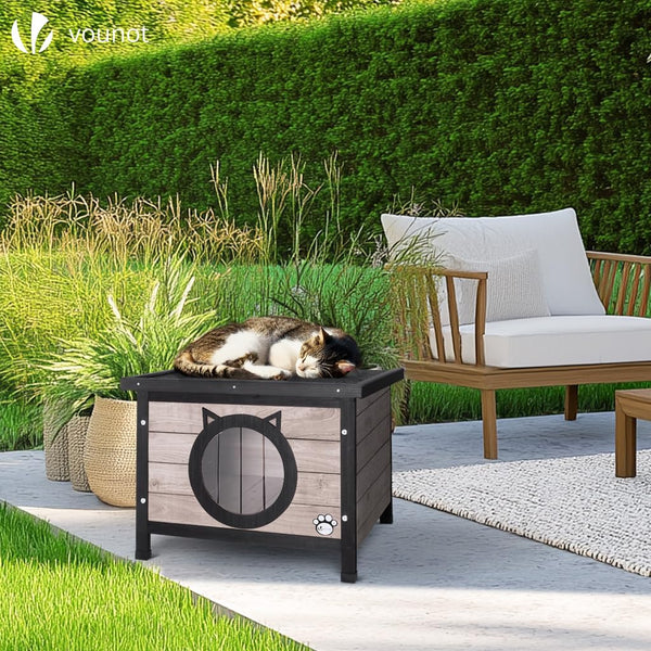VOUNOT Cat House Outdoor with Kennel Door Privacy Window Cat Wooden Shelter 57x45x43cm, Grey