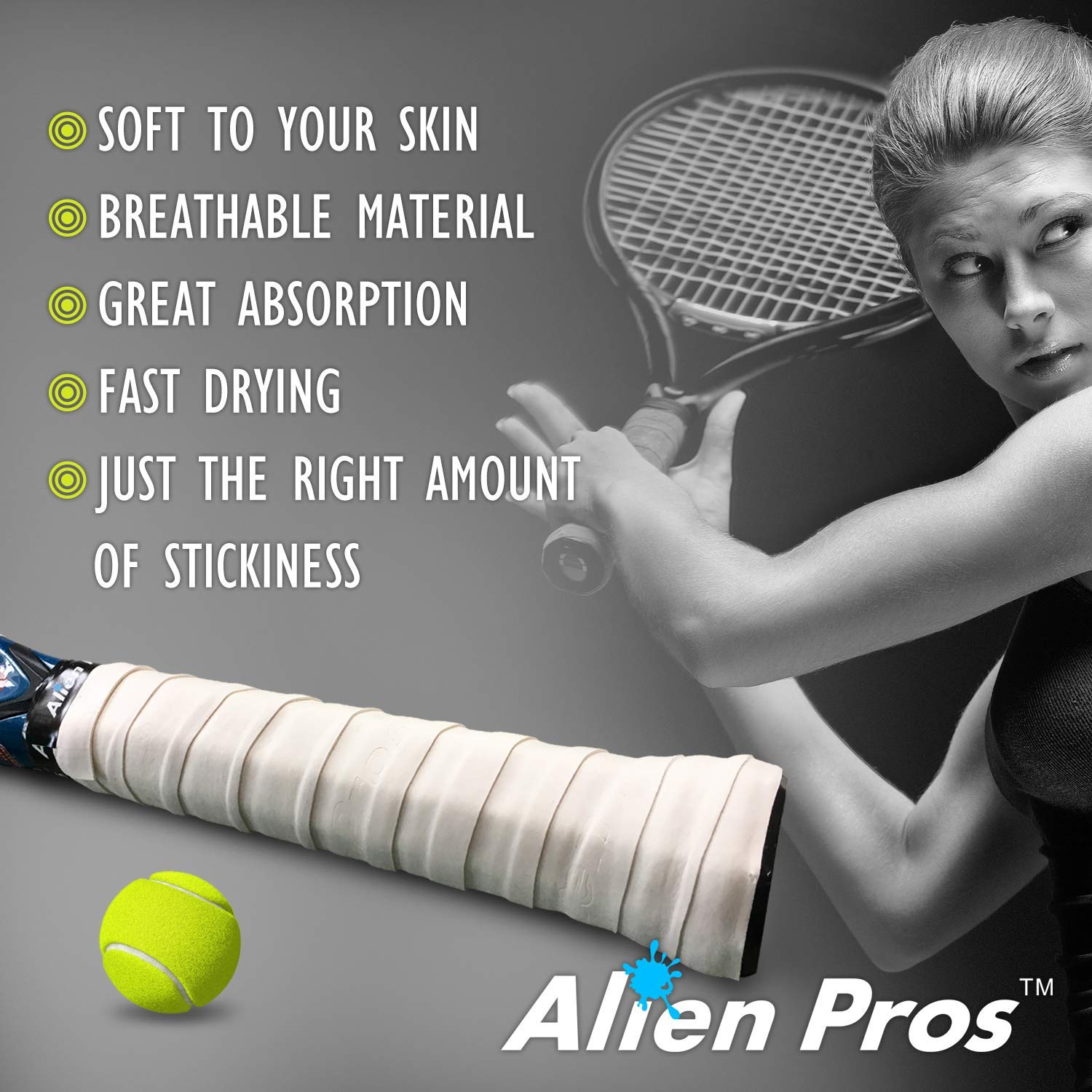 Alien Pros Tennis Racket Grip Tape (60 Grips) ? Precut and Dry Feel Tennis Grip ? Tennis Overgrip Grip Tape Tennis Racket ? Wrap Your Racquet for High