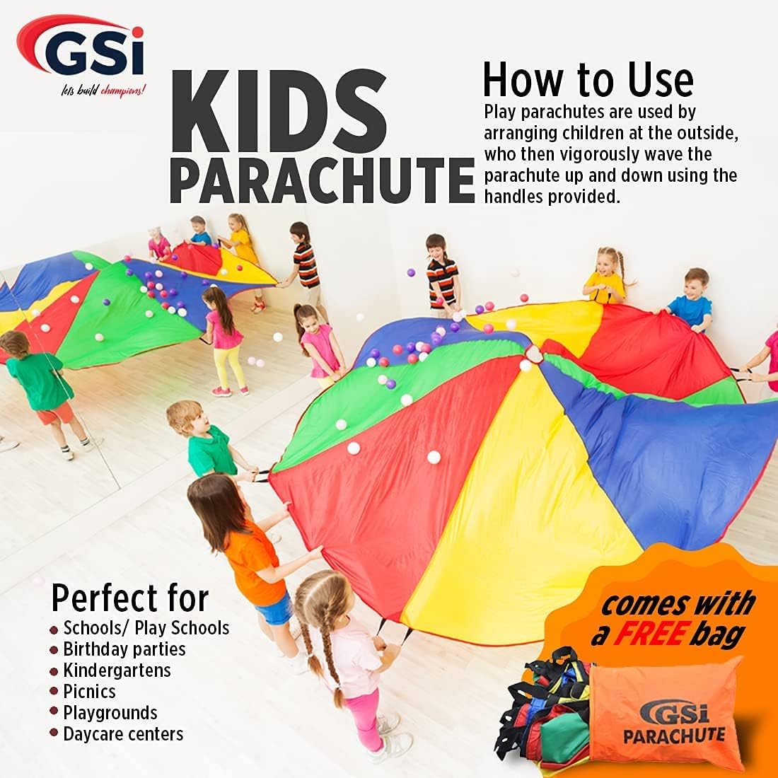 GSi Kids Play Parachute Rainbow Parachute Toy Tent Game for Children Gymnastic Cooperative Play and Outdoor Playground Activities (16 Feet)