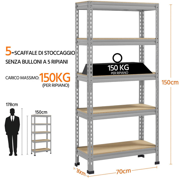 Yaheetech 5 Tier Garage Shelving Units, Heavy Duty Racking shelves, 150KG Per Shelf/750KG Capacity, 70cmx30cmx150cm（LxWxH,Dark Gray