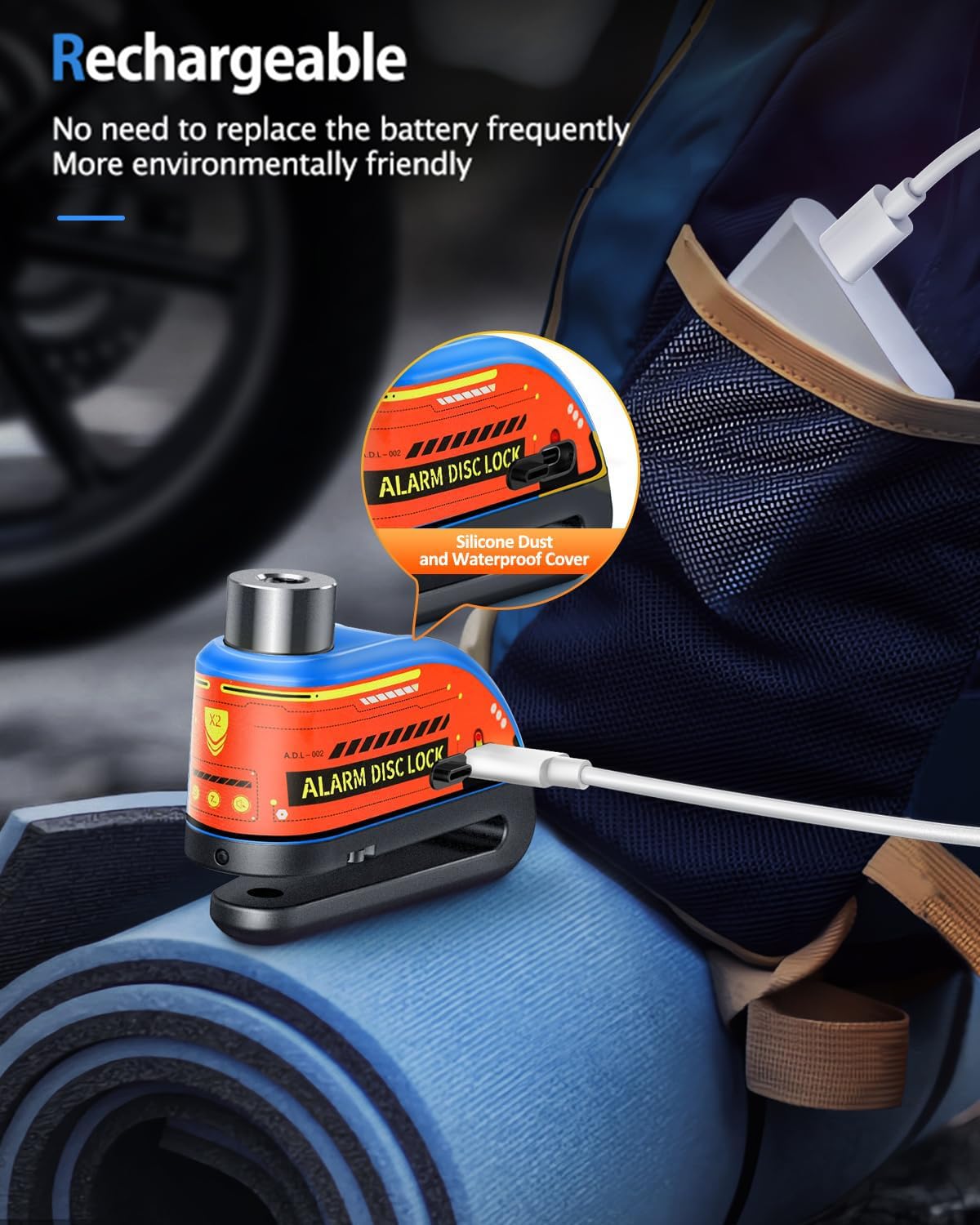 ZEXMTE Motorbike Disc Lock with Alarm, Rechargeable 120dB Anti-Theft Alarm with 5.9 FT Reminder Cable, Heavy-duty Motorcycles Locks Waterproof Disc Lock for Motorcycle, Bike, Scooter, E-Bike