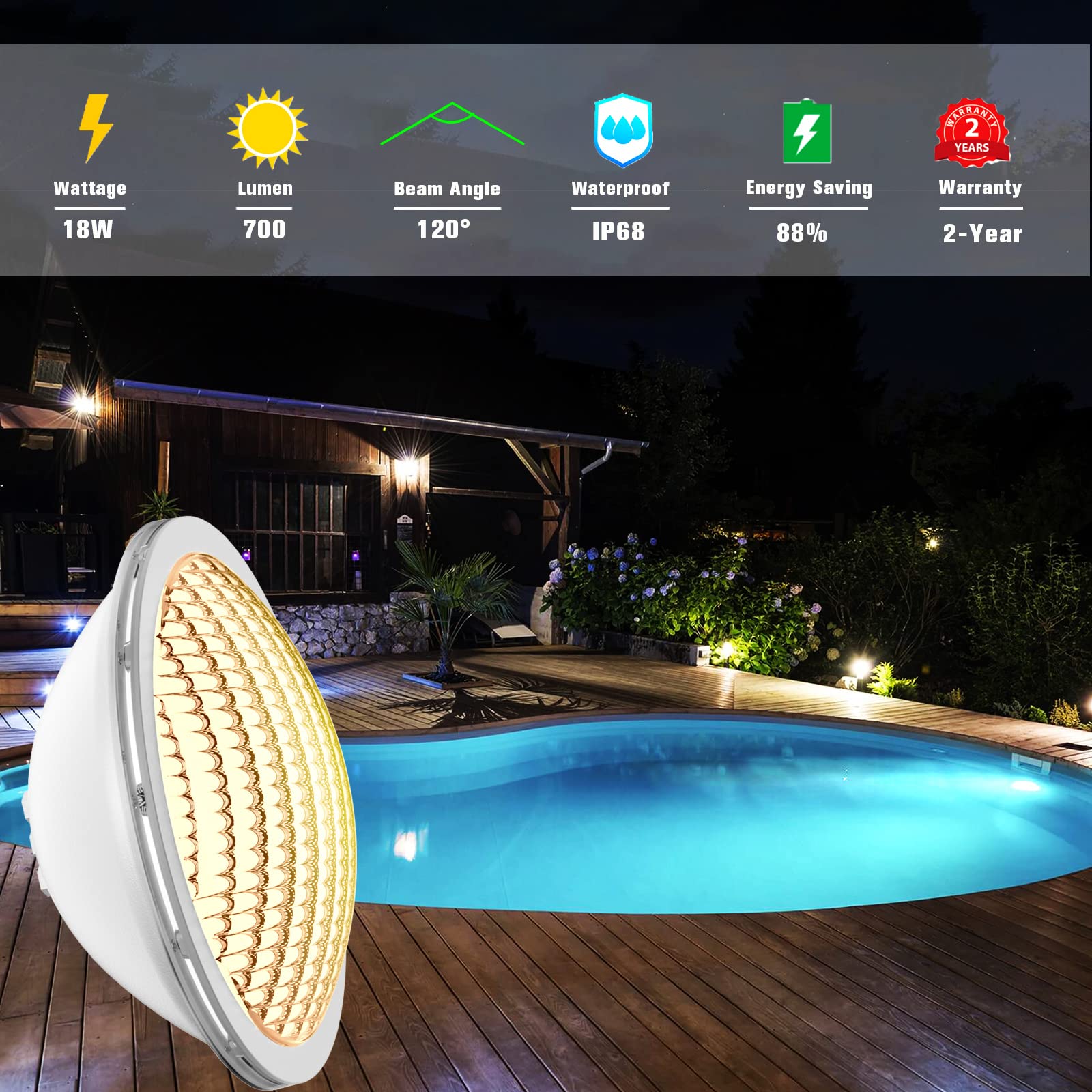 LyLmLe LED Pool Lighting PAR56, 18 W Pool Headlight, LED Lamp, Underwater Light (Replaces Old PAR56 Halogen Bulbs), IP68 Waterproof, 1440 lm, 12 V