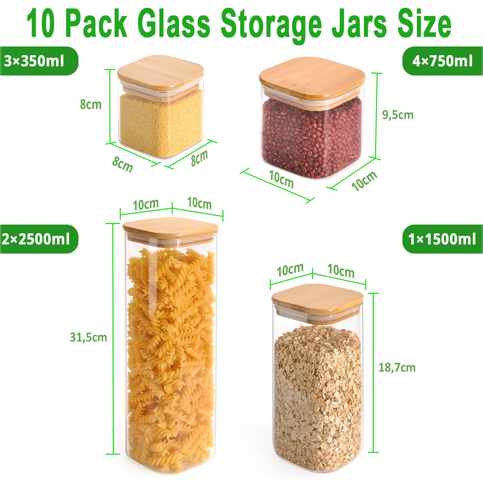 Finew Storage Jars with Lids, Set of 10 Airtight Glass Jars 2100ml 1500ml 750ml 350ml, Square Storage Jars & Canisters, Spice Jars for Pasta Flour