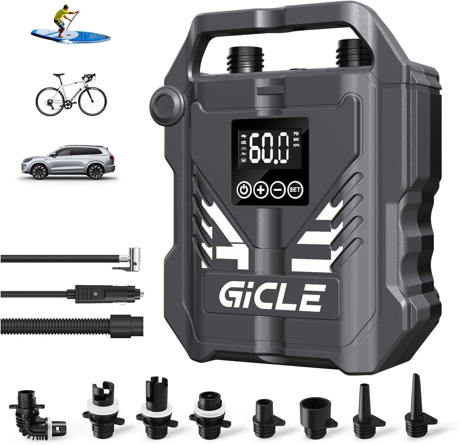 GICLE 60PSI Paddle Board Pump Electric SUP Pump, Dual Stage Fast Inflation & Auto-off with 12V DC Car Connector for Paddleboard, Tire, Boat, Tent