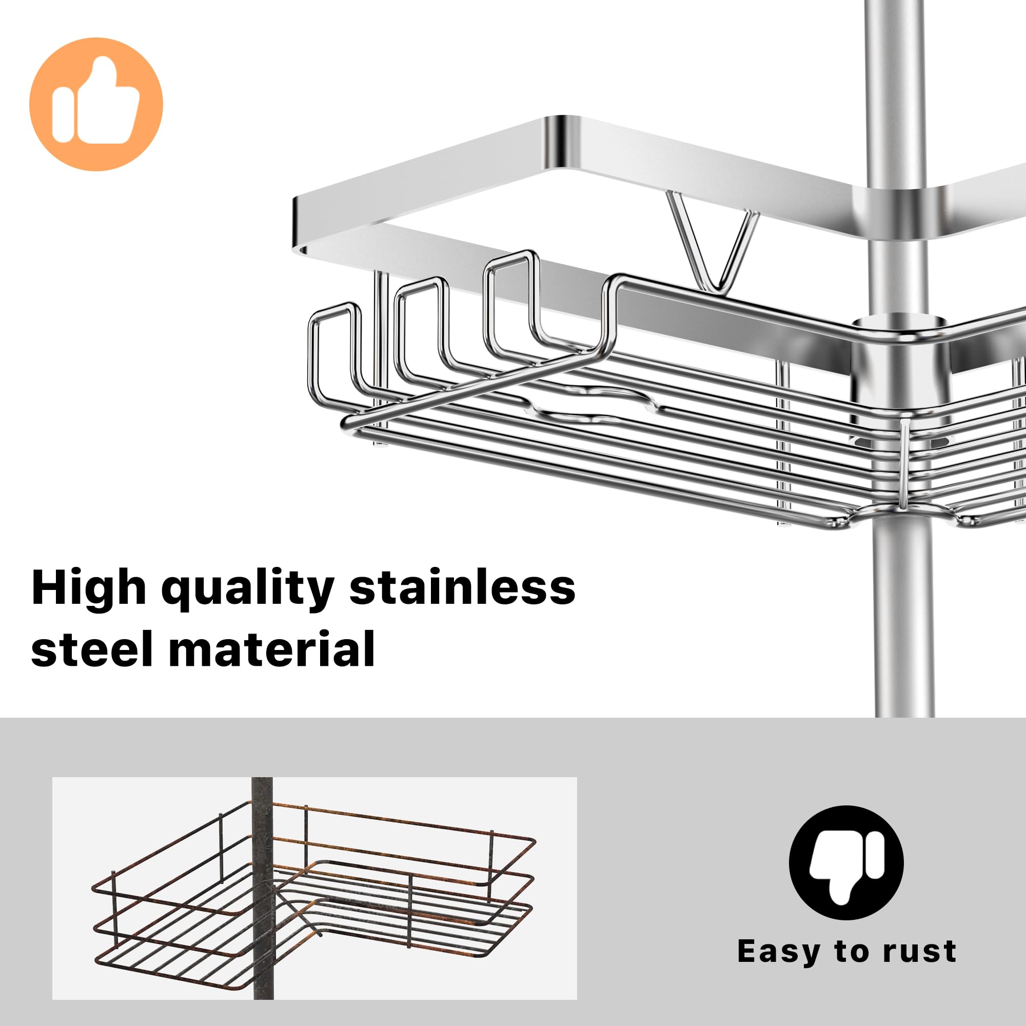 Kegii Telescopic Shower Caddy Corner - Stainless Steel Shower Shelf No Drilling Bathroom Caddy with Soap Holder and Hooks(White), On The Bath or Stand Up Shower
