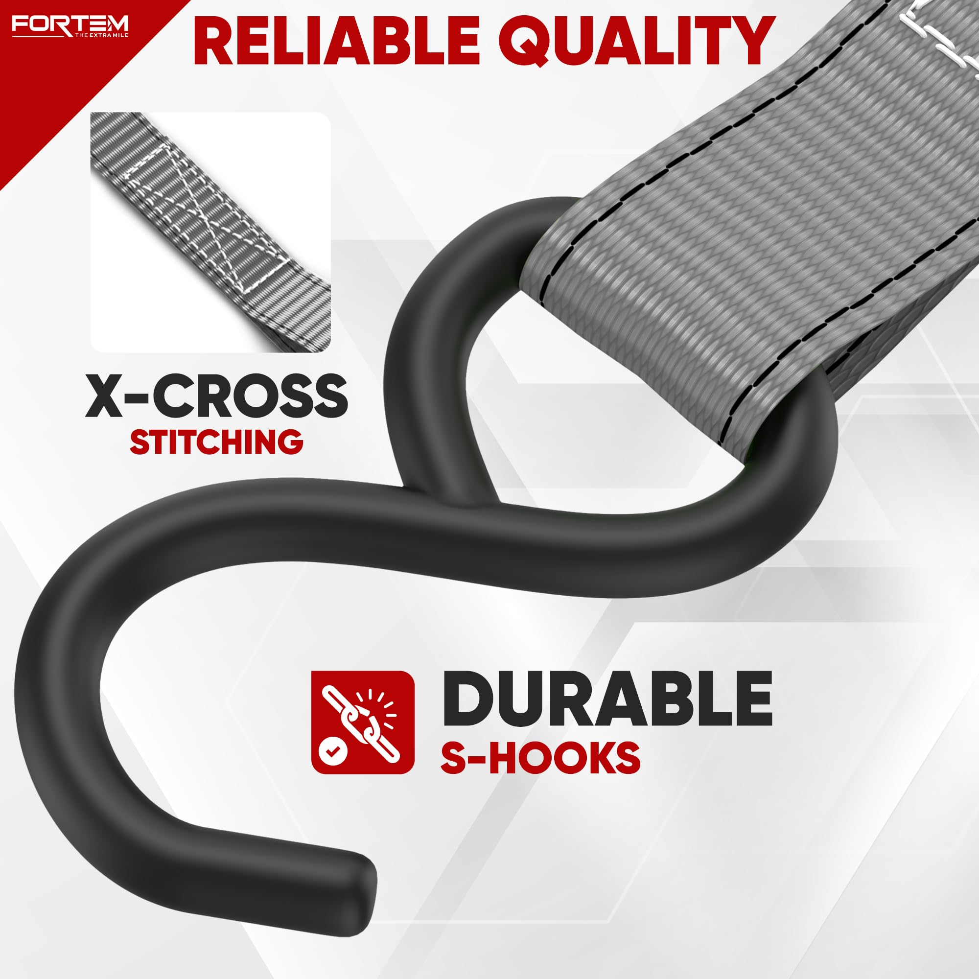 FORTEM Ratchet Straps, 748kg Break Strength, 4 Pack 4.6m x 2.54cm Tie Down Strap Set, 4 Soft Loops, Motorcycle Straps Tie Downs, Cargo Cam Buckles, Rubber Handles, Carry Bag