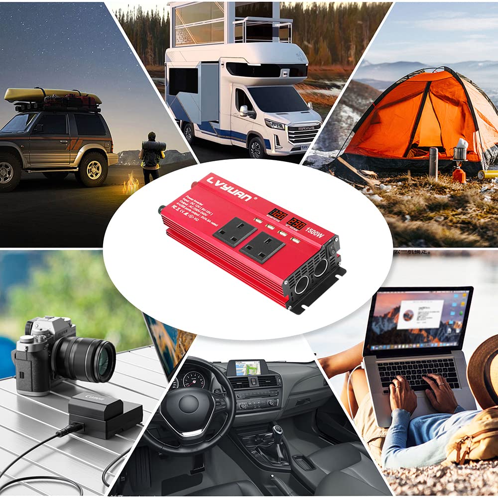 LVYUAN Power Inverter 12V to 240V AC Car Converter 600W /1500W Peak 4 USB 2 AC Sockets Dual Car cigarette lighter socket With 2 LED